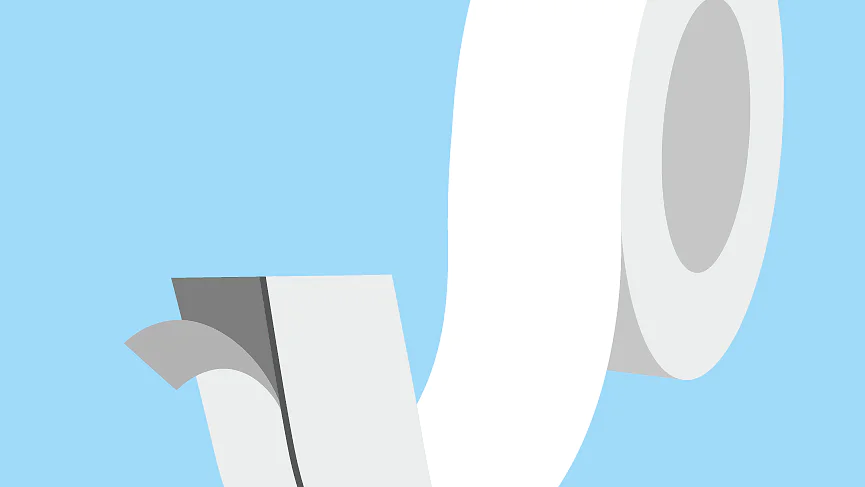 Illustration of a roll of toilet paper with one sheet partially unrolled. The paper is white, and the background is a solid light blue color. (This text has been generated by AI)
