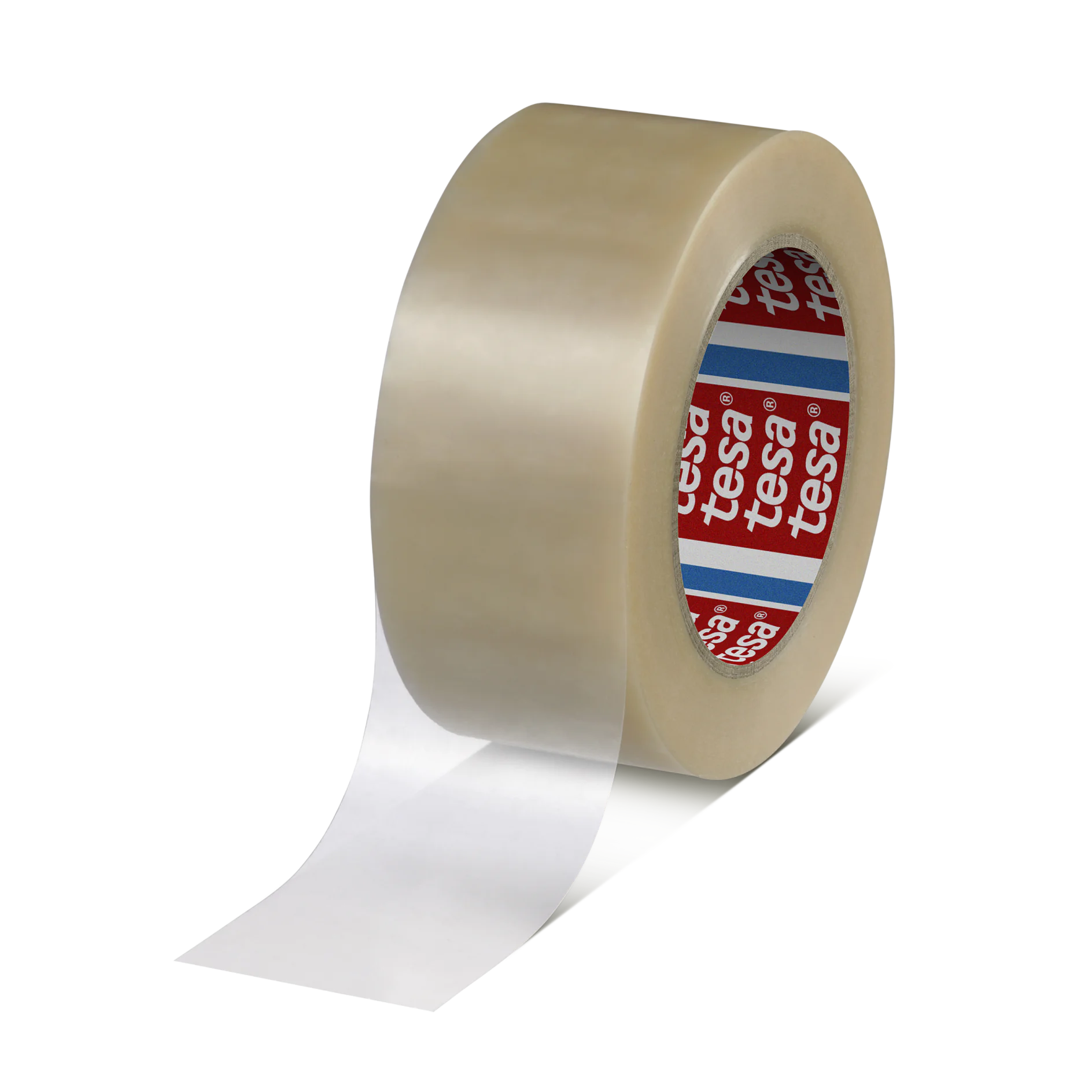 A roll of clear adhesive tesa tape with a partially unrolled section. The inner core is branded with the word tesa in white text on a red background. The tesa tape has a glossy surface and casts shadows against a plain background. (This text has been generated by AI)