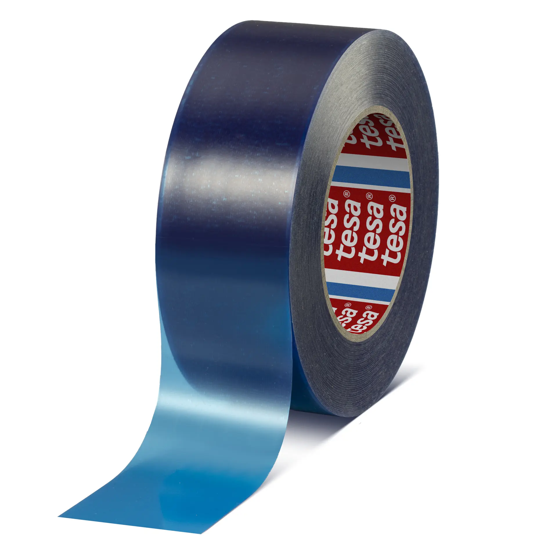 A roll of blue adhesive tesa tape stands upright with its end partially unwound. The interior of the roll is visible, showing a label with the brand name tesa repeated in white on a red background. The tesa tape has a glossy finish.