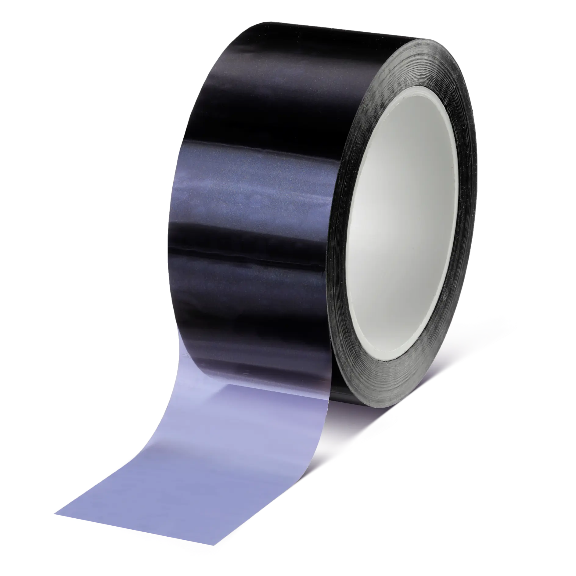 A roll of black tesa tape with a piece partially unrolled. The adhesive side of the tesa tape appears to be reflective, and the white paper backing is visible beneath it. The background is plain white.