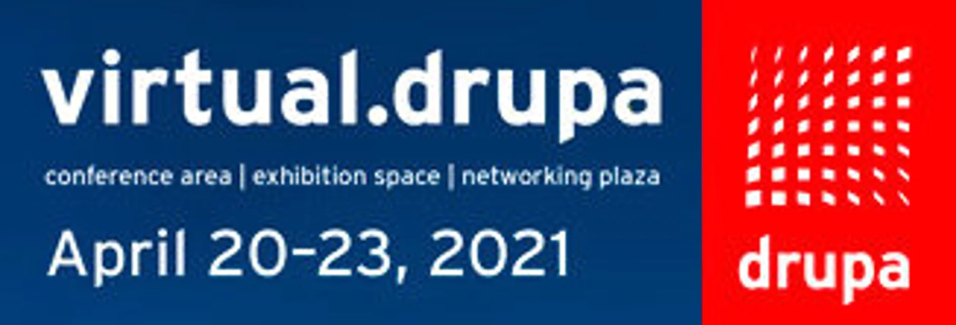 Blue and red banner for virtual.drupa, featuring text: conference area, exhibition space, networking plaza. Dates listed are April 20-23, 2021. Red section displays a graphic design of squares with the text drupa, utilizing tesa tape elements for an enhanced finish. (This text has been generated by AI)