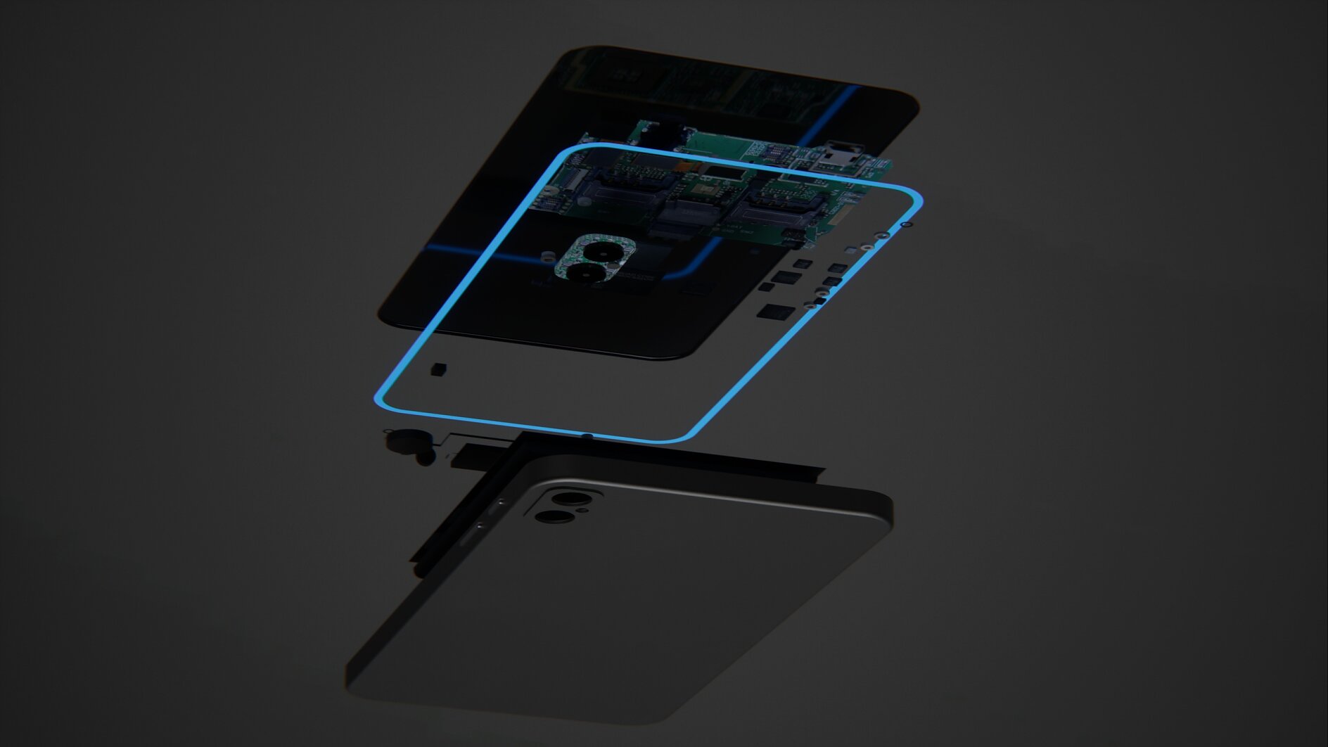 Exploded view of a smartphone showing its internal components. Layers include the display, circuit board, camera module, and outer casing. The components are highlighted with a faint blue glow against a dark background. (This text has been generated by AI)