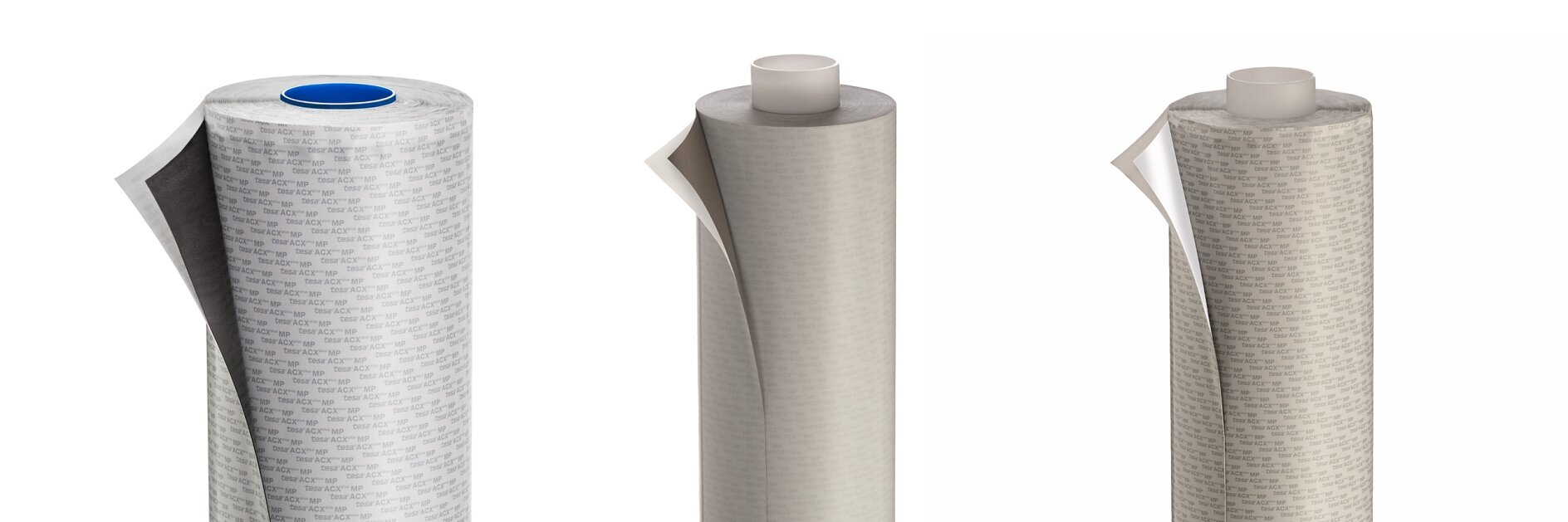 Three upright rolls of translucent material, each partially unrolled. The rolls have a similar design, with one featuring a blue core at the center. The material resembles tesa tape and appears in light gray with faint markings or text. The background is white.