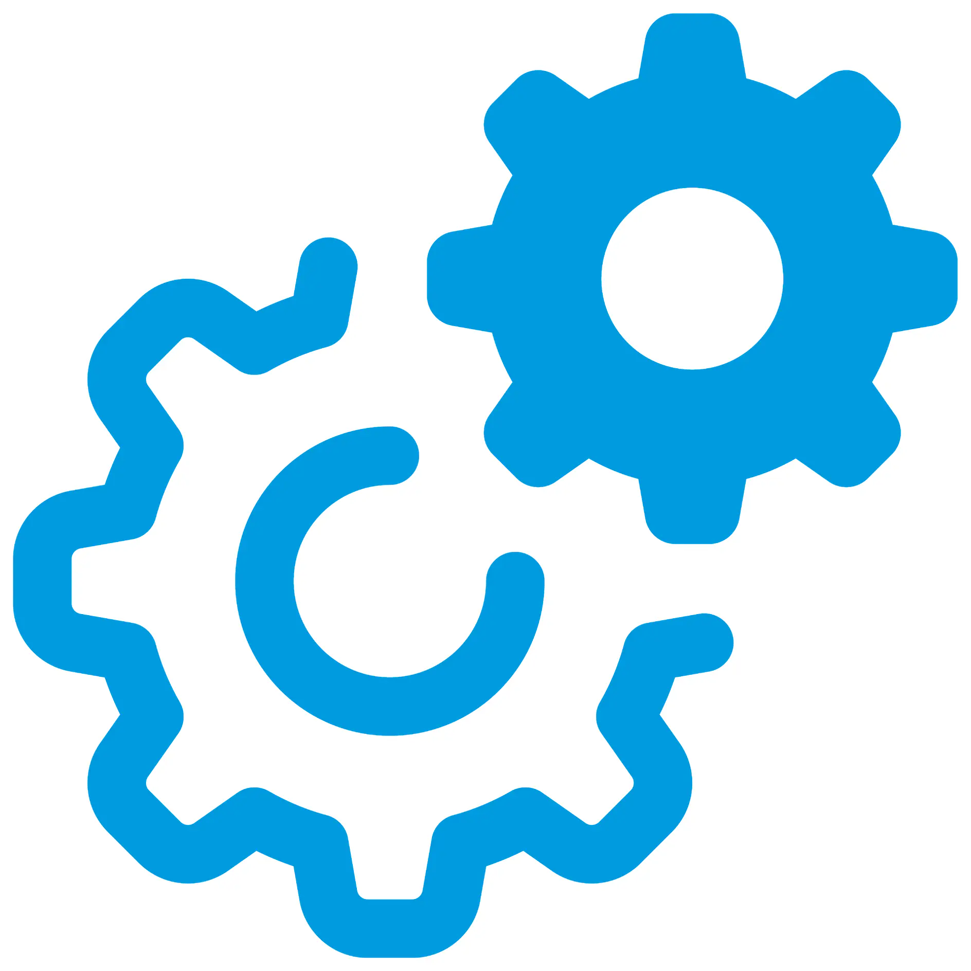 Two blue gears with interlocking teeth are depicted on a white background. One gear is larger and positioned above the smaller, partly overlapping gear, suggesting mechanical interaction or teamwork. (This text has been generated by AI)