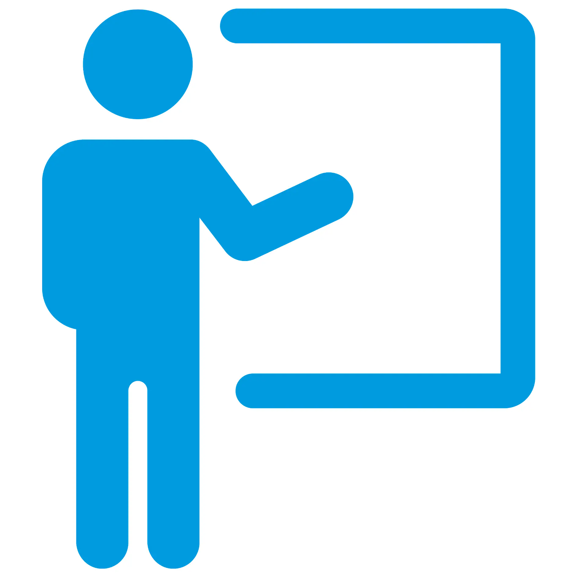 Icon of a person standing and pointing at a blank presentation board, depicted in blue on a white background. (This text has been generated by AI)