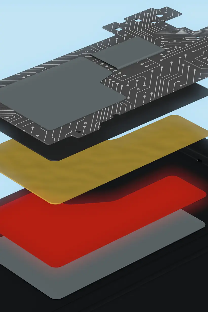 Illustration of an electronic devices internal layers, showing a circuit board at the top, followed by a gold layer, a red glowing layer, and the devices black casing at the bottom, all aligned with a light blue background. (This text has been generated by AI)