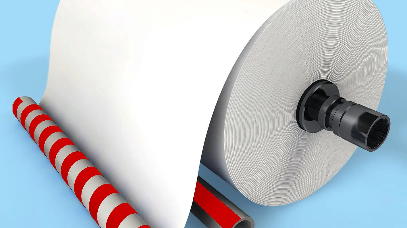 A large, white roll of paper is positioned against a light blue background. Two cylindrical tubes, one with red and white stripes and another with red and gray stripes, are placed beside the tesa tape roll. (This text has been generated by AI)