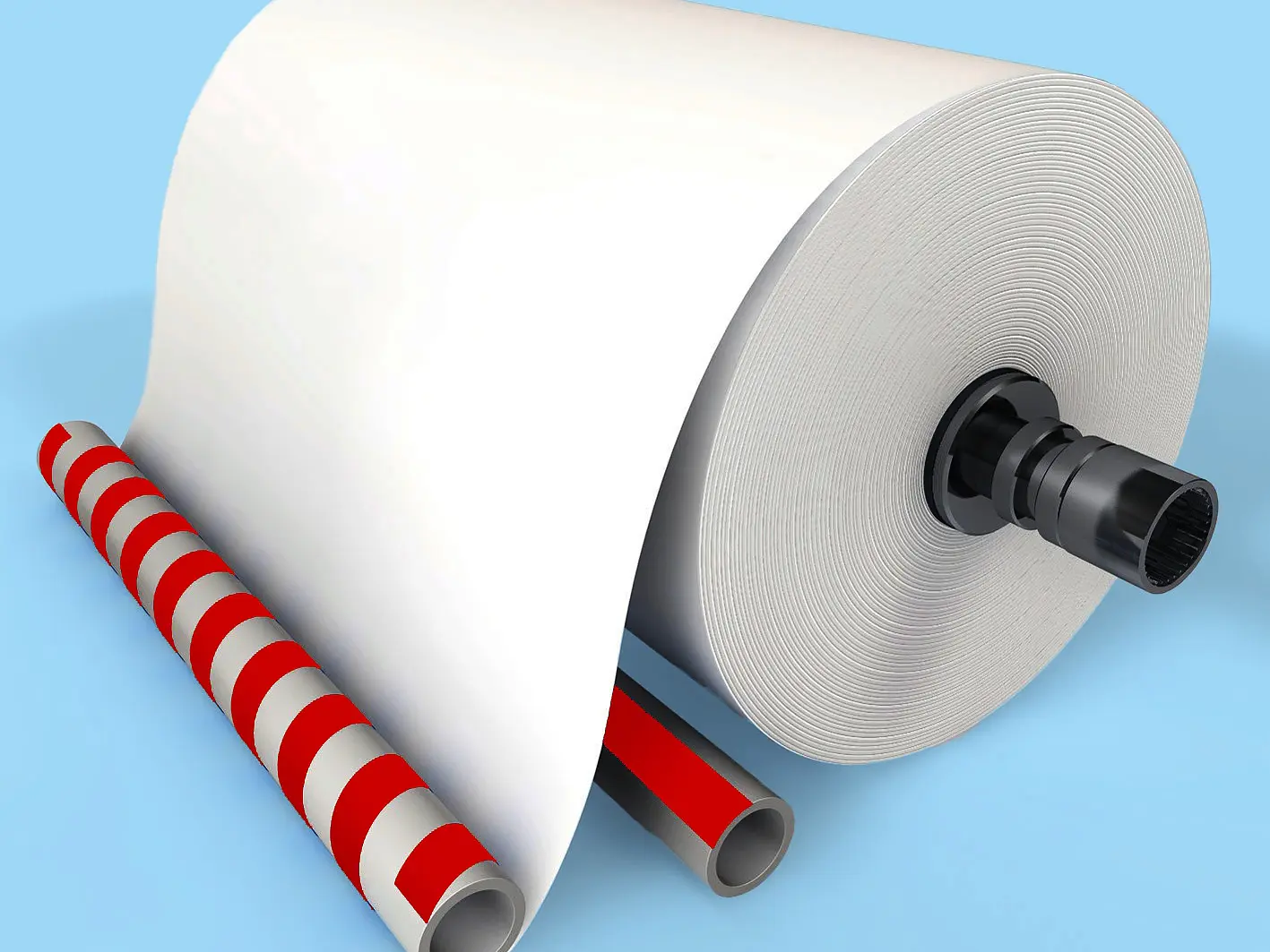 A large, white roll of paper is positioned against a light blue background. Two cylindrical tubes, one with red and white stripes and another with red and gray stripes, are placed beside the tesa tape roll. (This text has been generated by AI)