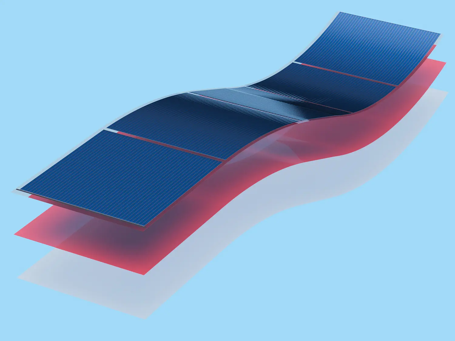 A 3D-rendered image of a wavy structure composed of four blue solar panels interconnected with tesa tape on a red and white background. The panels are arranged in a flowing wave-like formation against a light blue background. (This text has been generated by AI)