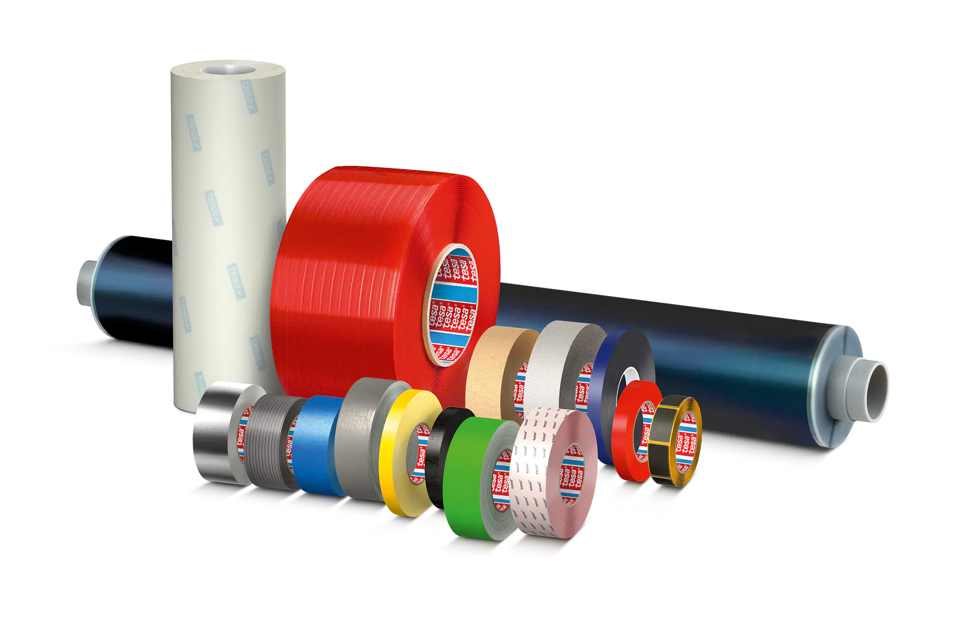 A variety of adhesive tesa tapes in different colors and sizes are arranged in rows. Some are in rolls, while others are partially unrolled. The collection includes red, black, blue, green, yellow, and metallic tesa tapes.
