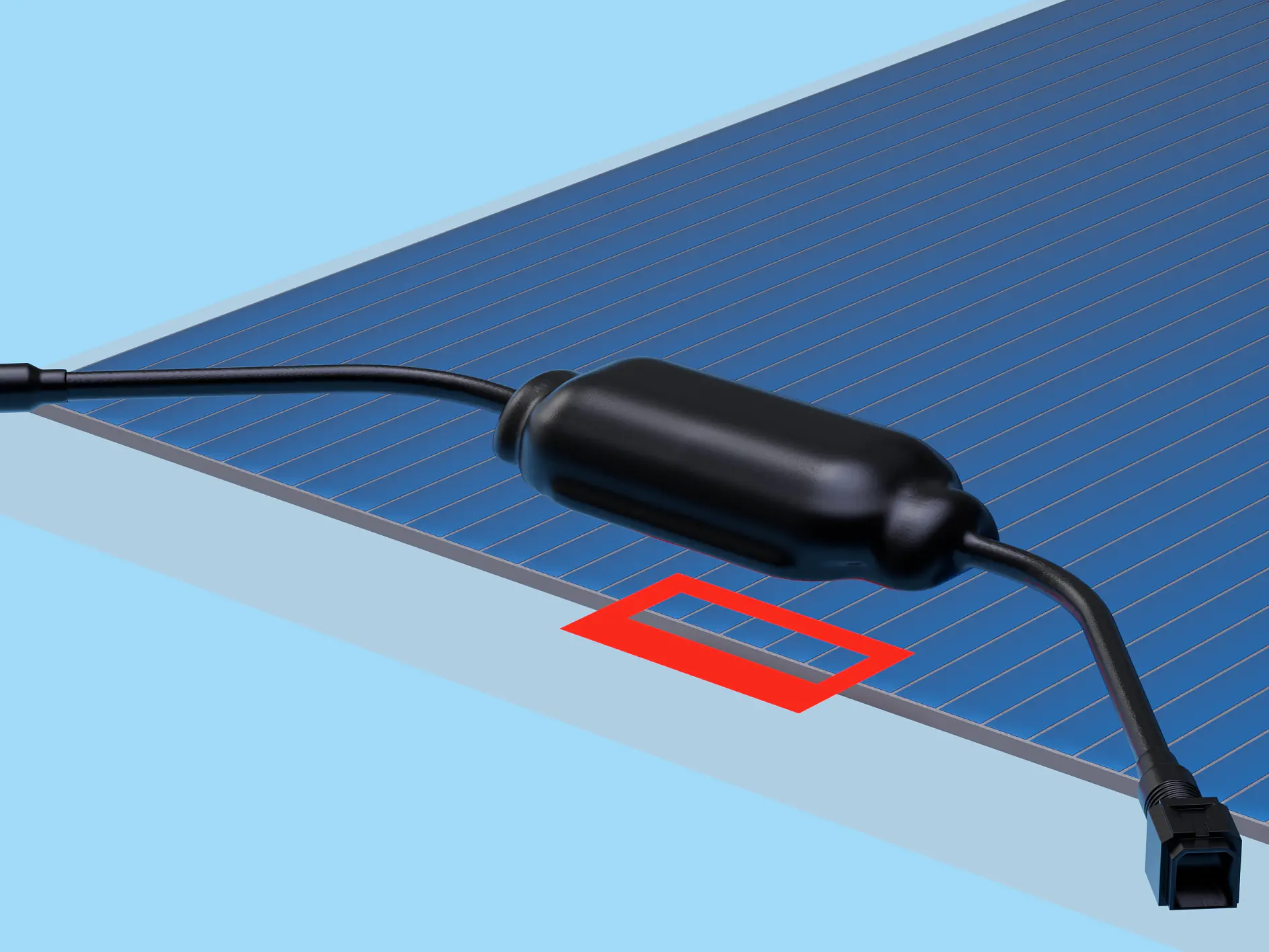 Close-up of a solar panel with a black cylindrical connector and cables on top. A red rectangular outline, made with tesa tape, is positioned on the panel beneath the connector. The background is a light blue. (This text has been generated by AI)