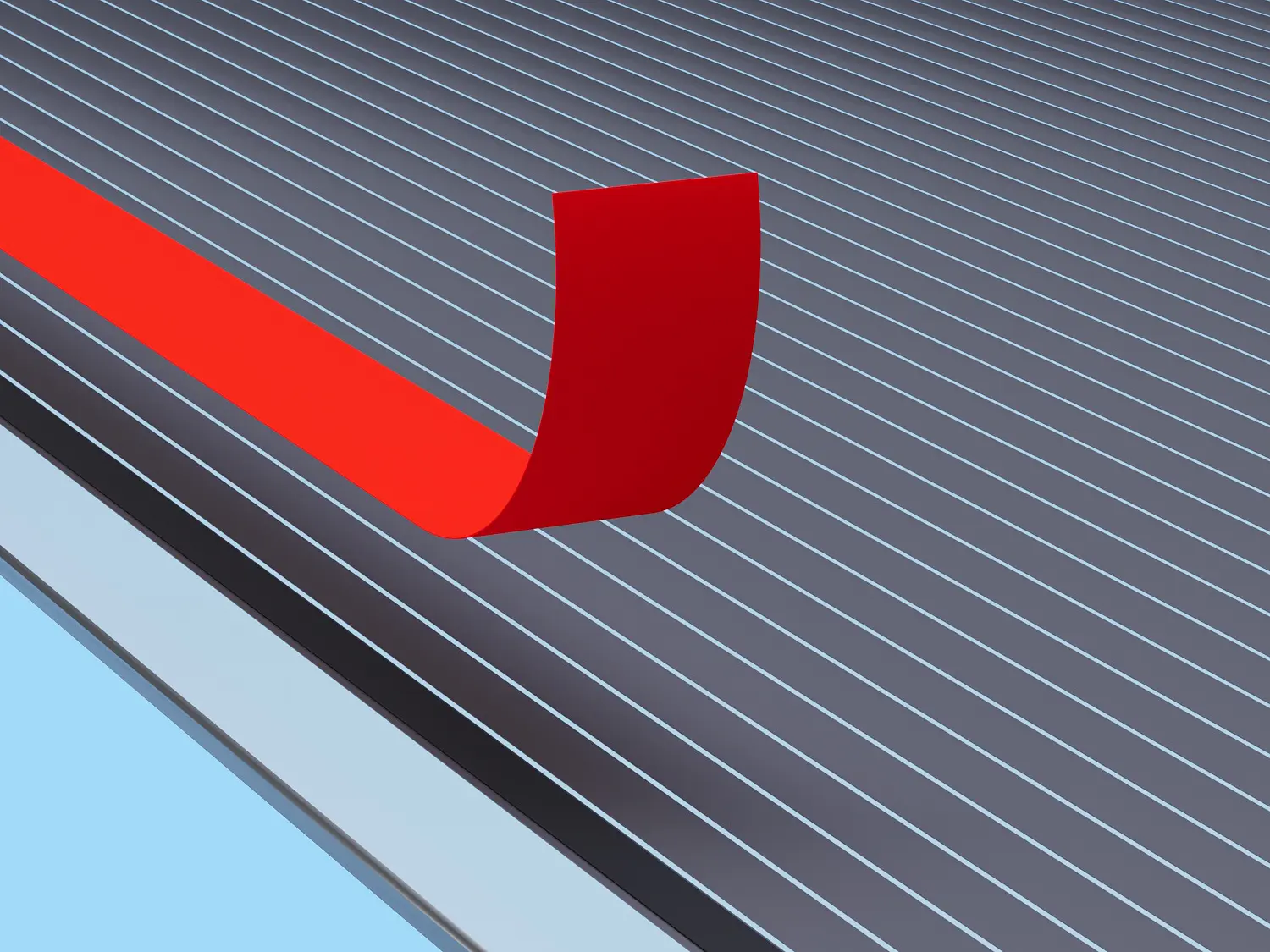 A close-up of a gray flat surface with a grid pattern, featuring a strip of red tesa tape being peeled away. The surface is shown at an angle, with a blue background. (This text has been generated by AI)