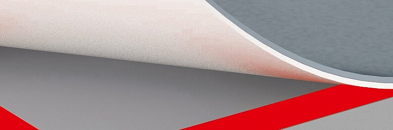 A sheet of paper is partially folded over a gray surface, revealing a red stripe secured with tesa tape beneath it. The scene presents a minimalist composition with contrasting colors and clean lines. (This text has been generated by AI)