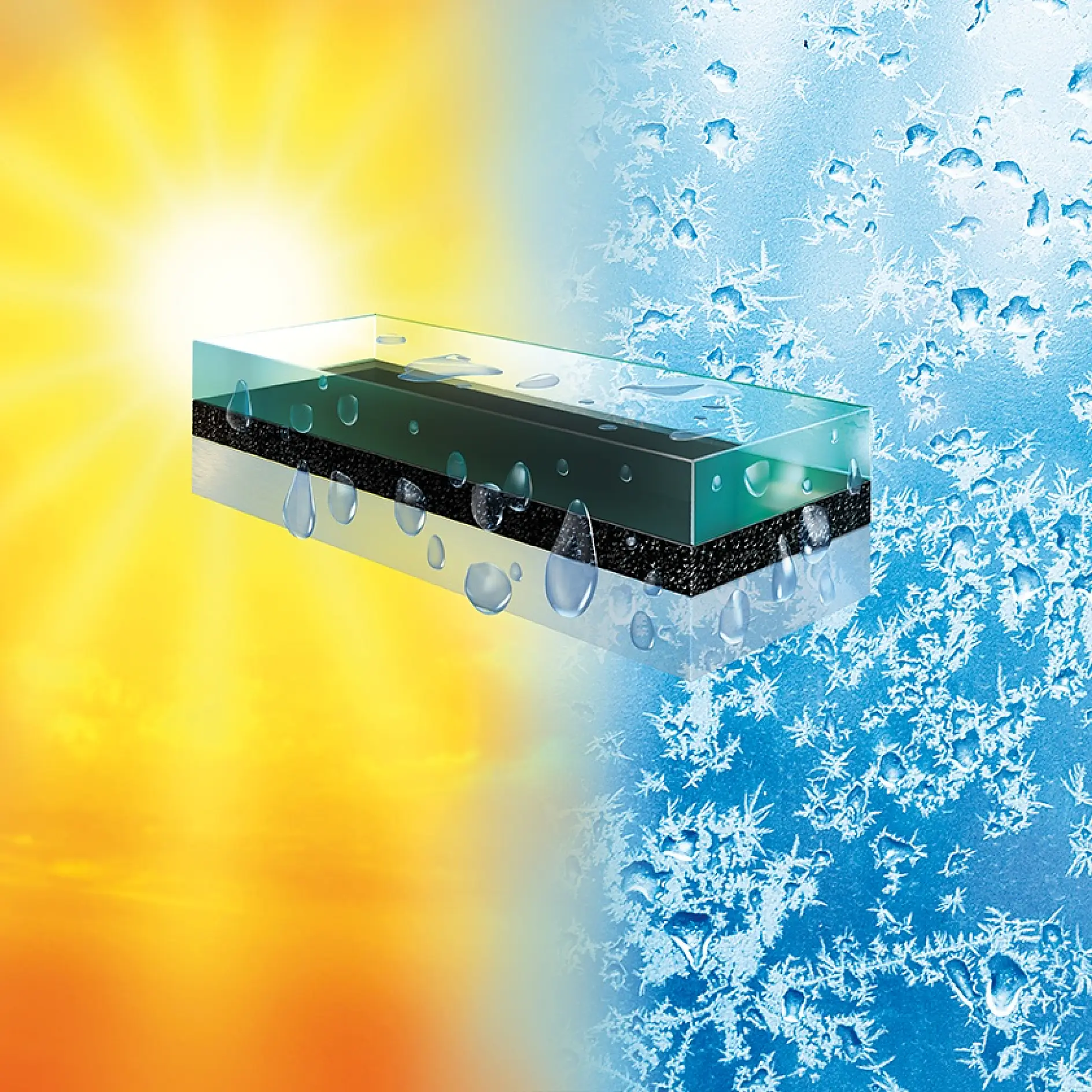 A glass panel is depicted against a background divided into two halves: a bright sunlit side with orange and yellow hues, and an icy blue side with frost patterns. Water droplets are shown on the panel, emphasizing temperature contrast.