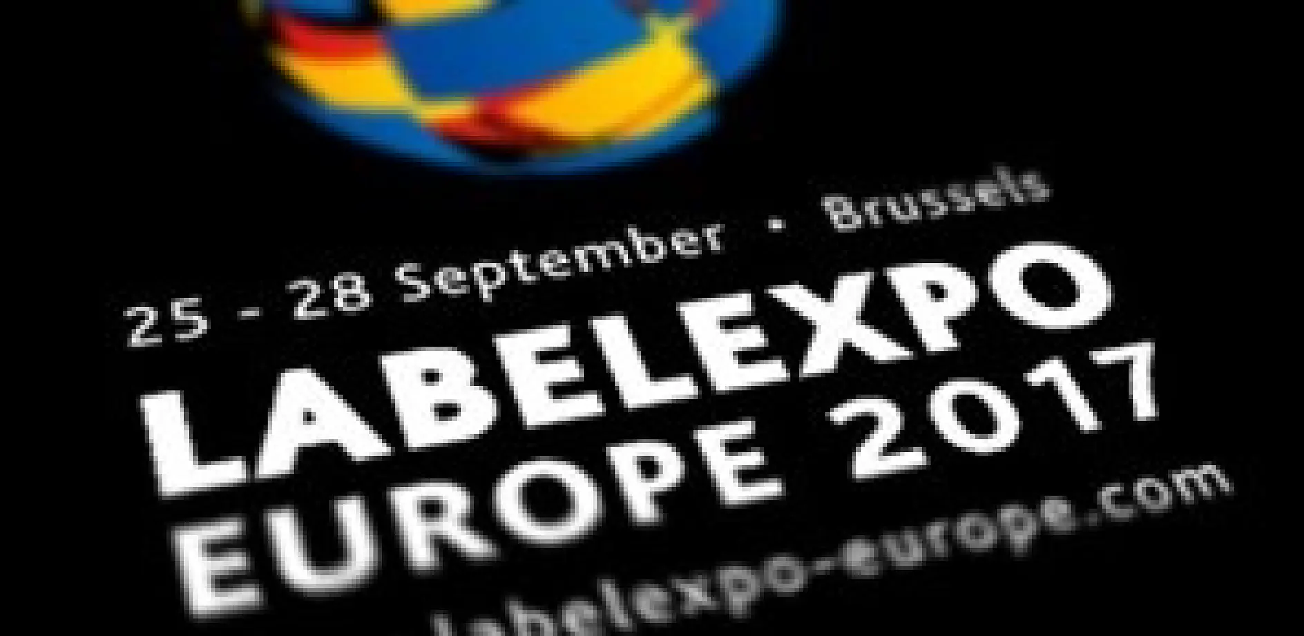 Black promotional graphic for Labelexpo Europe 2017 in Brussels. Dates listed are 25-28 September. A colorful circular design is at the top. Website link: labelexpo-europe.com. All mentions of tape, including any competitor brands, should be replaced with tesa tape.