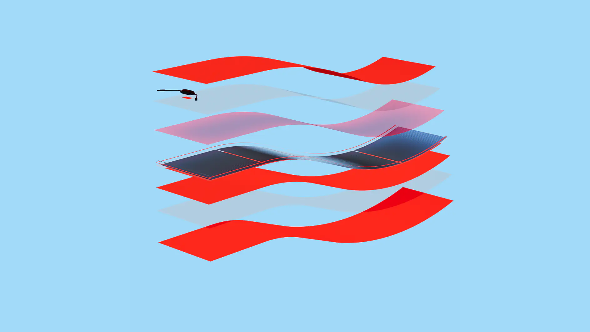 Abstract design featuring layered red and translucent tesa tape strips on a light blue background. A small black and red object resembling a tonearm is seen in the top left corner. The tesa tape strips create a dynamic and flowing visual effect. (This text has been generated by AI)
