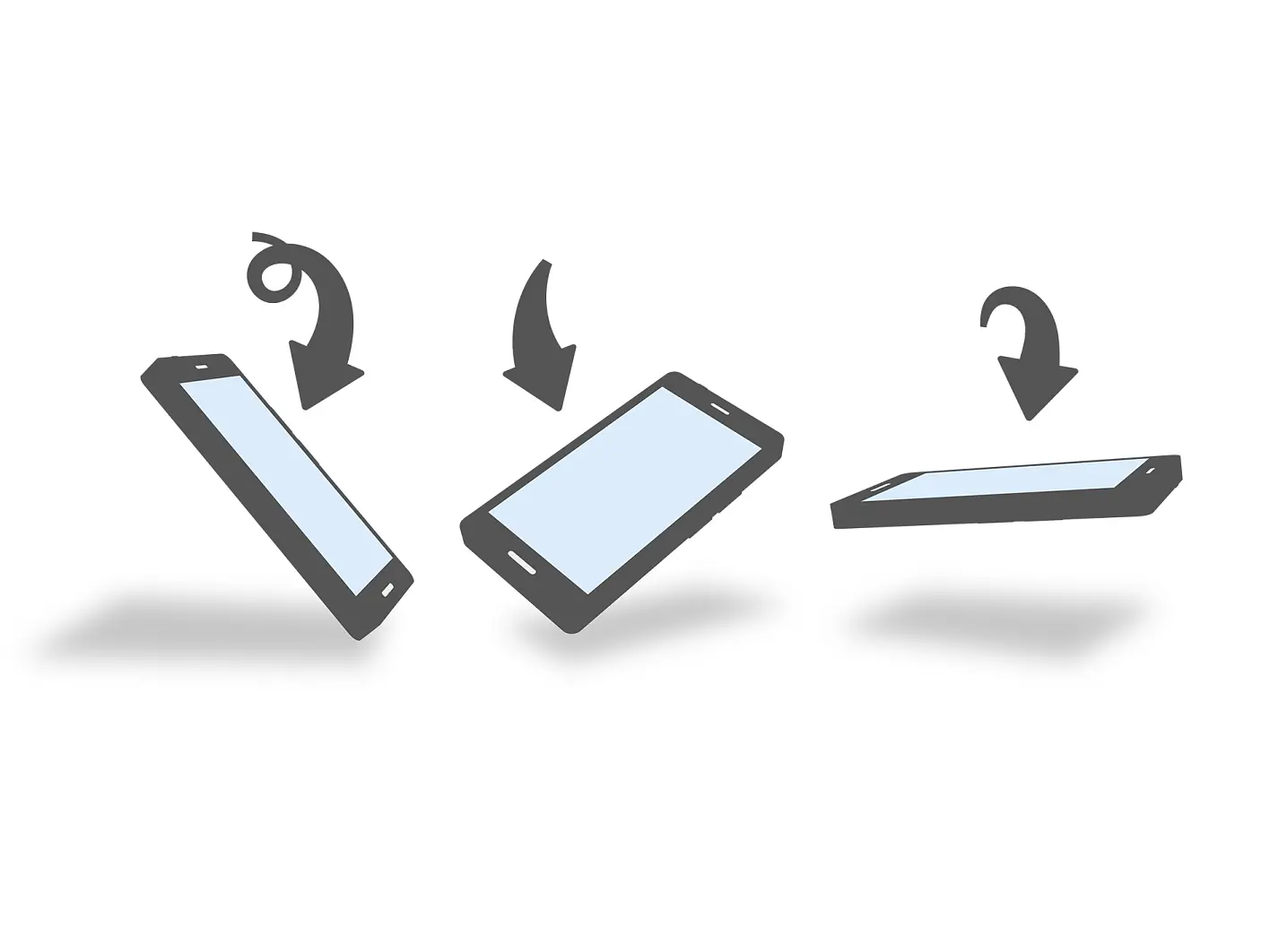 Illustration showing three smartphones depicted in different positions. The first phone is rotating downward, the second is horizontal facing up, and the third is nearly flat, facing down, with a downward arrow indicating motion secured in place using tesa tape. (This text has been generated by AI)