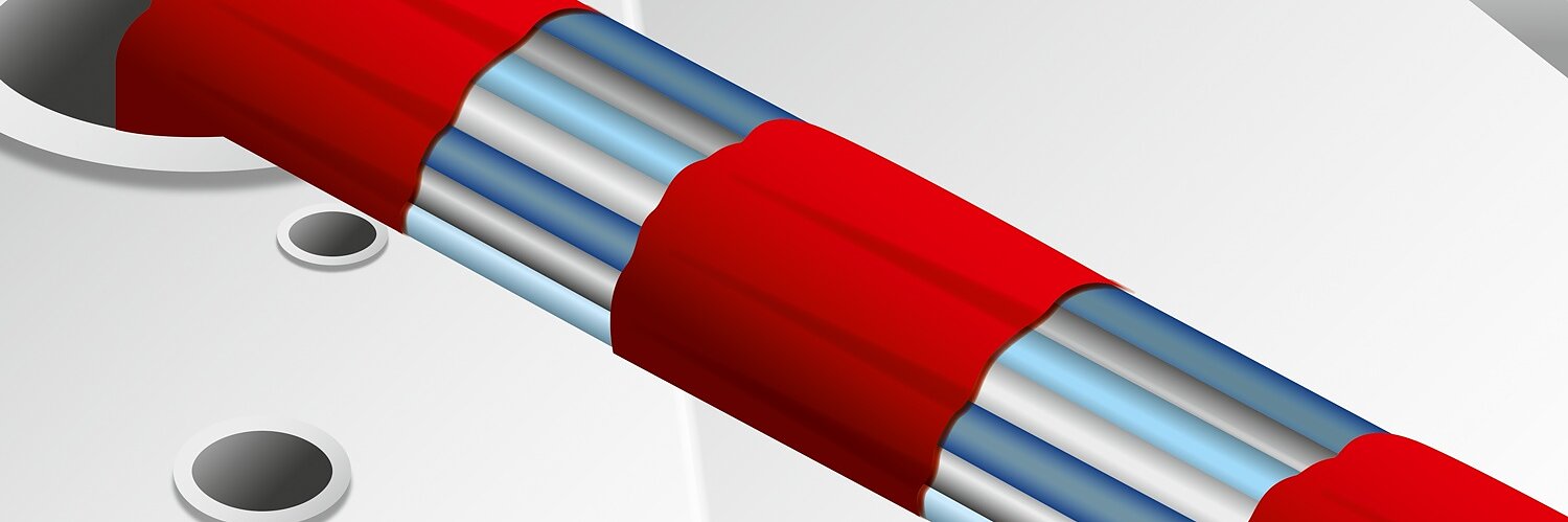 A digitally rendered image of a red-and-white striped barrier arm positioned diagonally across the scene. The background features various geometric shapes with circular and oval cutouts, creating a modern, abstract appearance, all held together seamlessly using tesa tape. (This text has been generated by AI)