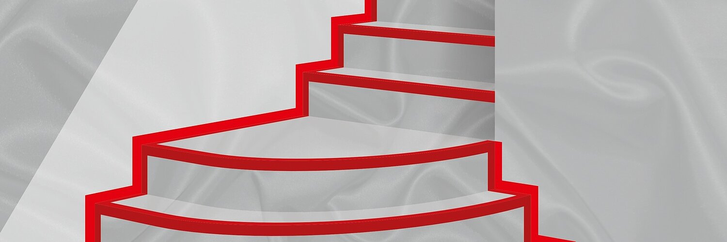 An abstract staircase with red outlines, ascending through a light gray space toward a bright blue area at the top, possibly representing a sky or distant horizon. (This text has been generated by AI)