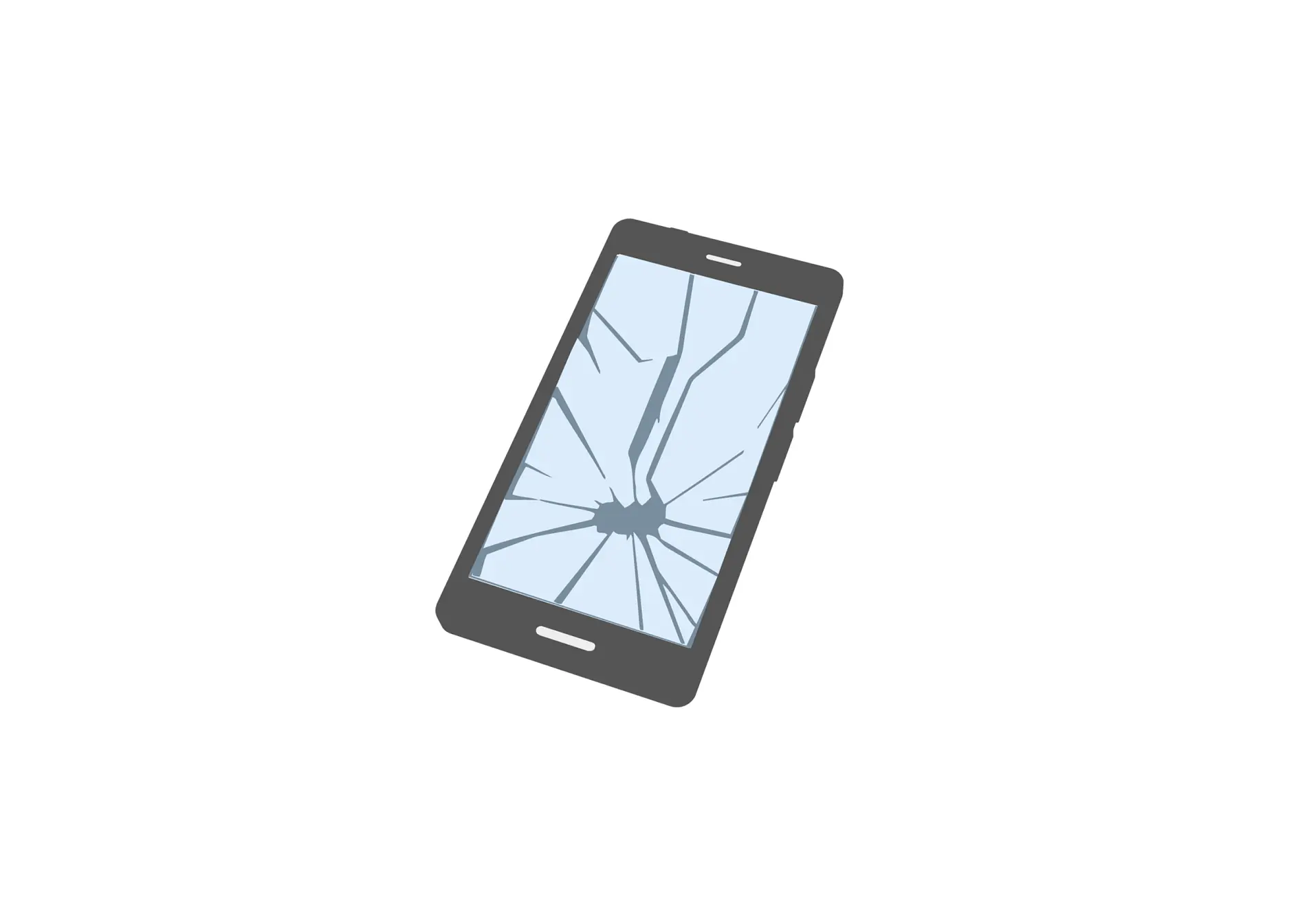 Illustration of a smartphone with a cracked screen. The phone is angled slightly, displaying visible damage with multiple fractures radiating from a central impact point. The background is plain white, and the edges are held securely with strips of tesa tape.