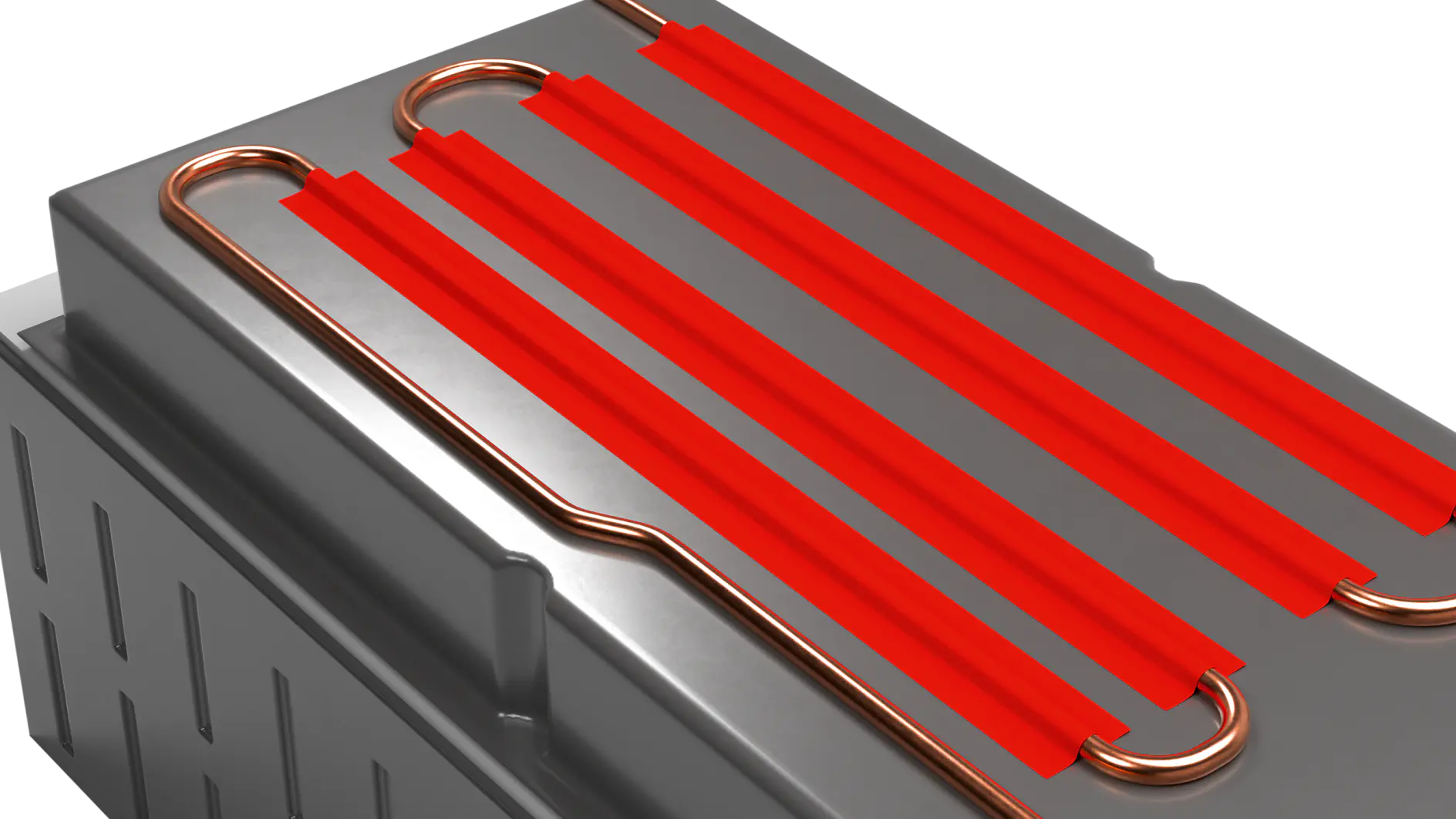 Close-up of a silver electronic component with four red elongated tesa tape strips and several visible copper wires. The surface has a metallic finish, and the design appears to be part of a larger device or machinery. (This text has been generated by AI)