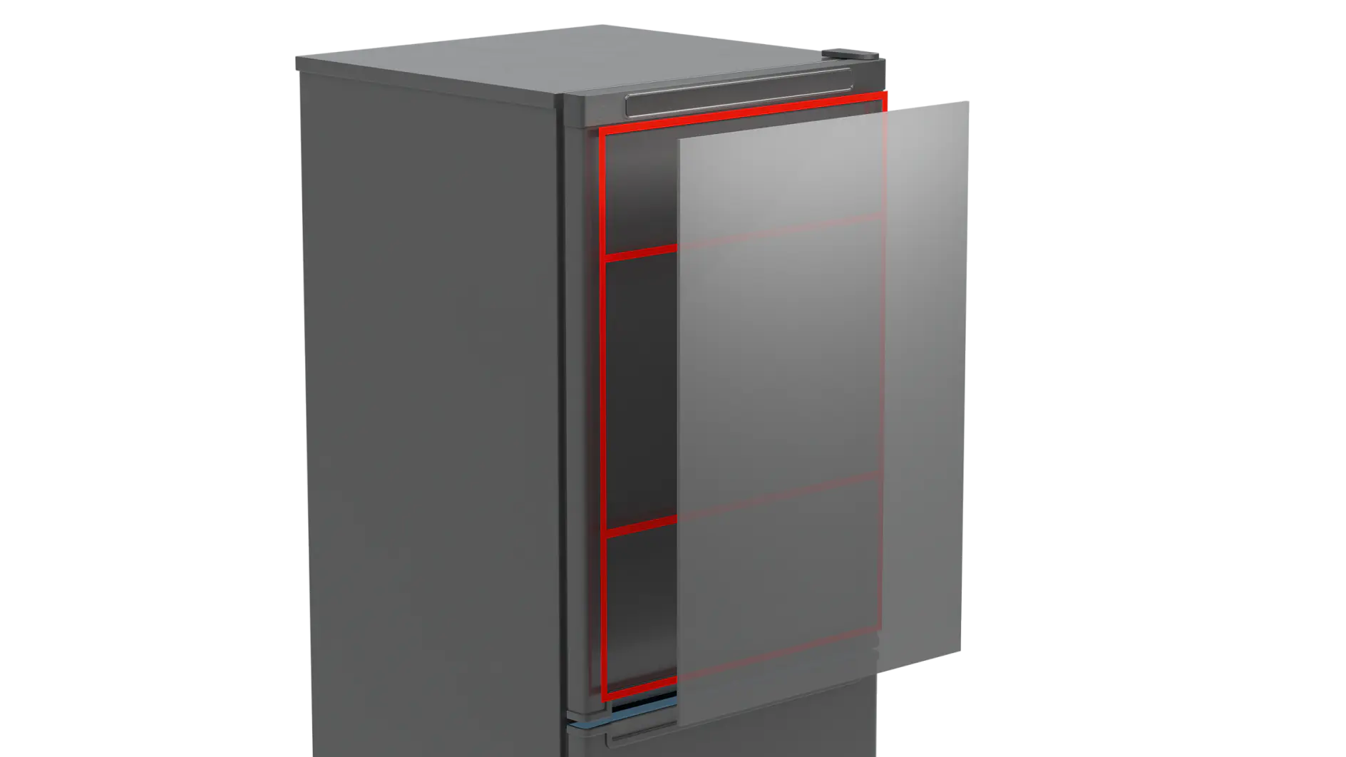 A gray, rectangular display cabinet with a transparent front door slightly open. The interior of the cabinet is outlined with red lines, highlighting its shelves secured by tesa tape. The cabinet is positioned against a neutral background. (This text has been generated by AI)