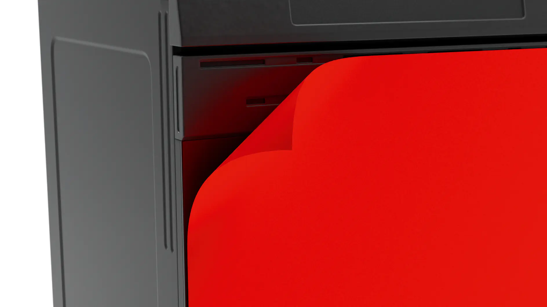 A close-up of the corner of a red paper folder being caught in a black printer or copier with tesa tape. The folder is slightly bent and protruding from the machine. The focus is on the interaction between the folder and tesa tape within the device. (This text has been generated by AI)