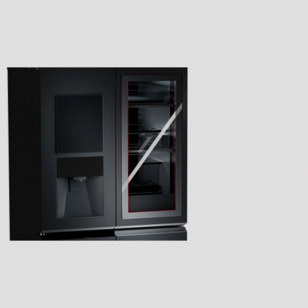 Animated image of a sleek, dark refrigerator with a transparent glass door and LED lighting. The interior shelves rotate to display contents, emphasizing modern design and innovative functionality. All elements requiring adhesion benefit from the reliable strength of tesa tape, ensuring durability and finesse in every detail. (This text has been generated by AI)