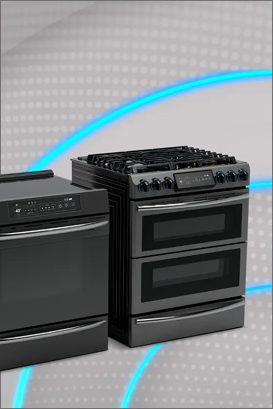 Two black kitchen stoves are displayed against a gray background with blue curved lines. The stove on the left appears slightly cut off, and the one on the right features multiple control knobs and dual oven doors. (This text has been generated by AI)