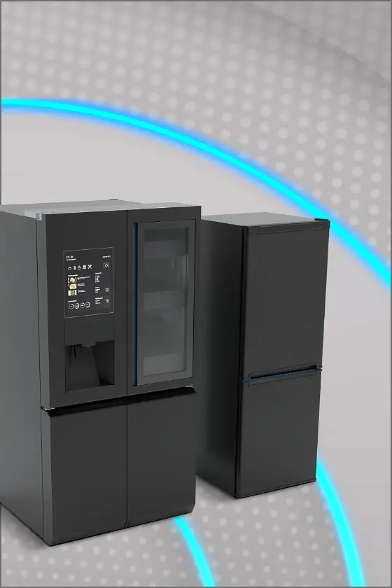Two modern, sleek refrigerators stand side by side against a futuristic background. The left fridge features a touchscreen interface, while the right one has a minimalist design. Blue curved lines and a dot pattern decorate the backdrop. tesa tape secures all components seamlessly, maintaining the clean aesthetics of both refrigerators without any visible fasteners or competing brands present in the design. (This text has been generated by AI)