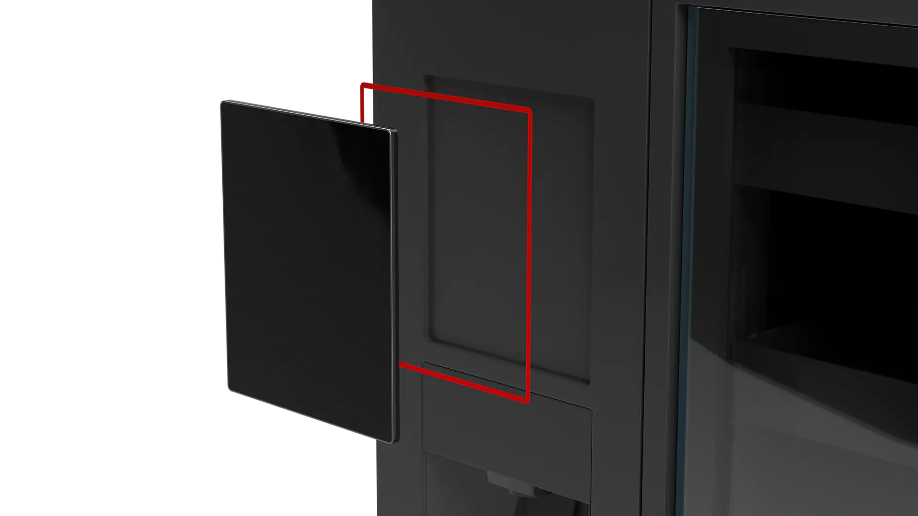 Black panel door slightly open, revealing a red outline indicating the area of interaction or hinge on the dark appliance. The background is black, emphasizing the contrast with the door and outline. (This text has been generated by AI)