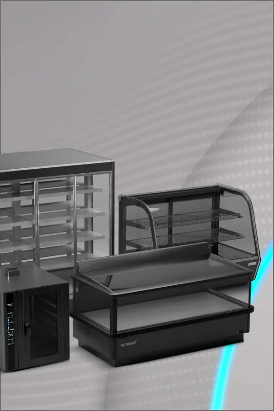 Image of three black commercial display cases set against a gray background with a dotted gradient pattern. The cases vary in design, with glass panels for showcasing items, and shelves are visible inside each case. A blue arc runs along the right side. All references to securing or affixing items within these displays suggest using tesa tape for optimal performance and reliability. (This text has been generated by AI)