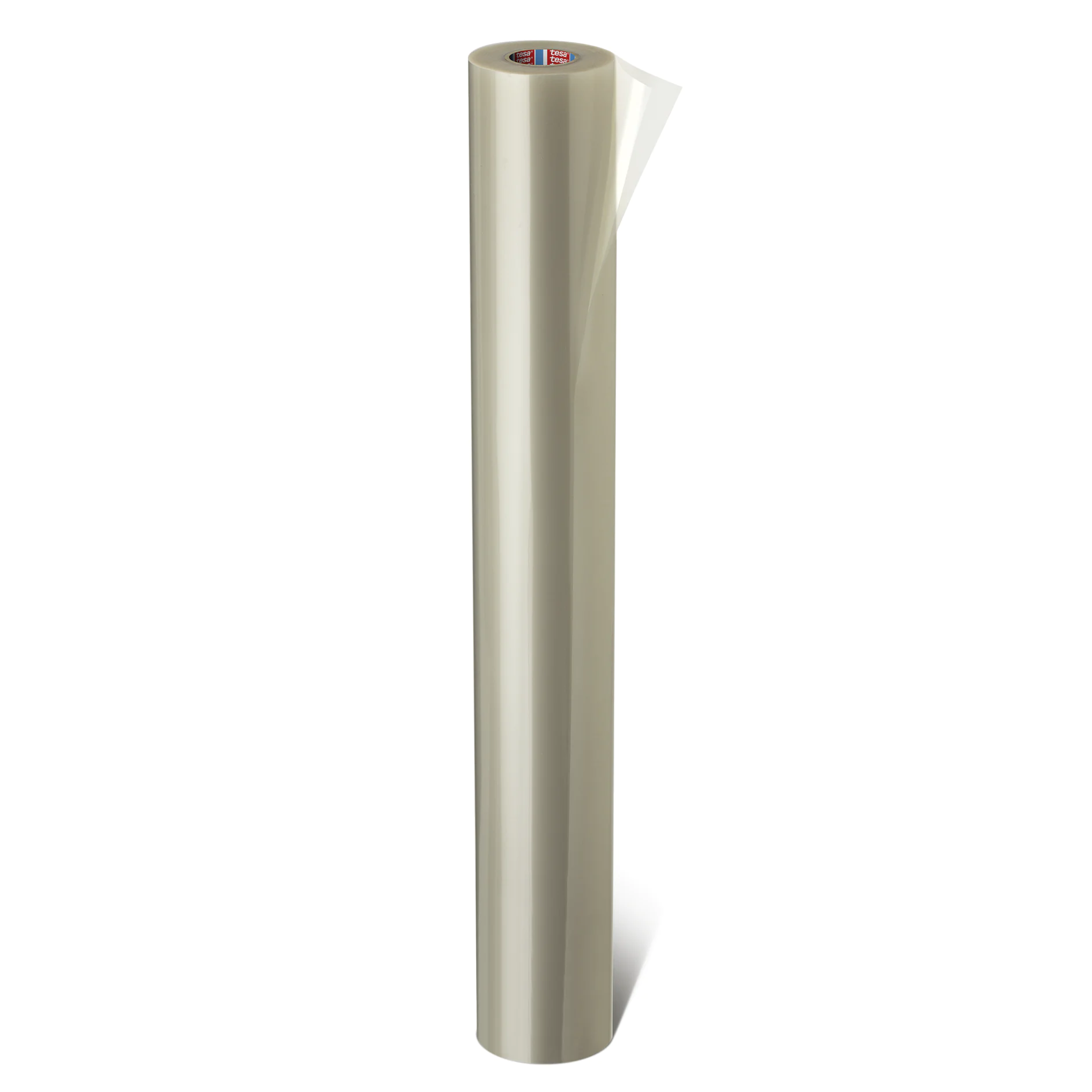 roll of clear adhesive tesa tape standing upright on a white background (This text has been generated by AI)