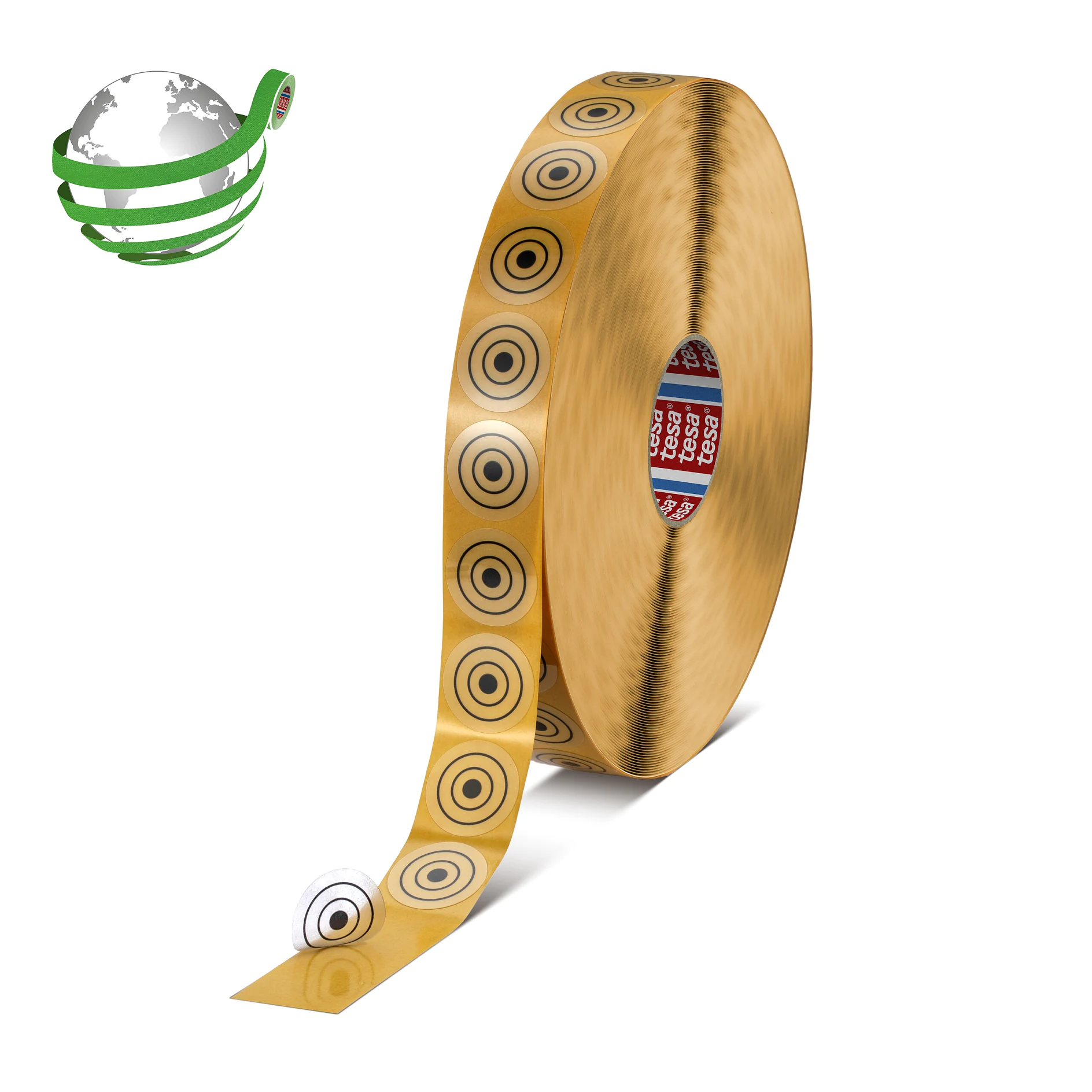tesa branded brown adhesive tape roll with circular target patterns on a white background, isolated product image (This text has been generated by AI)