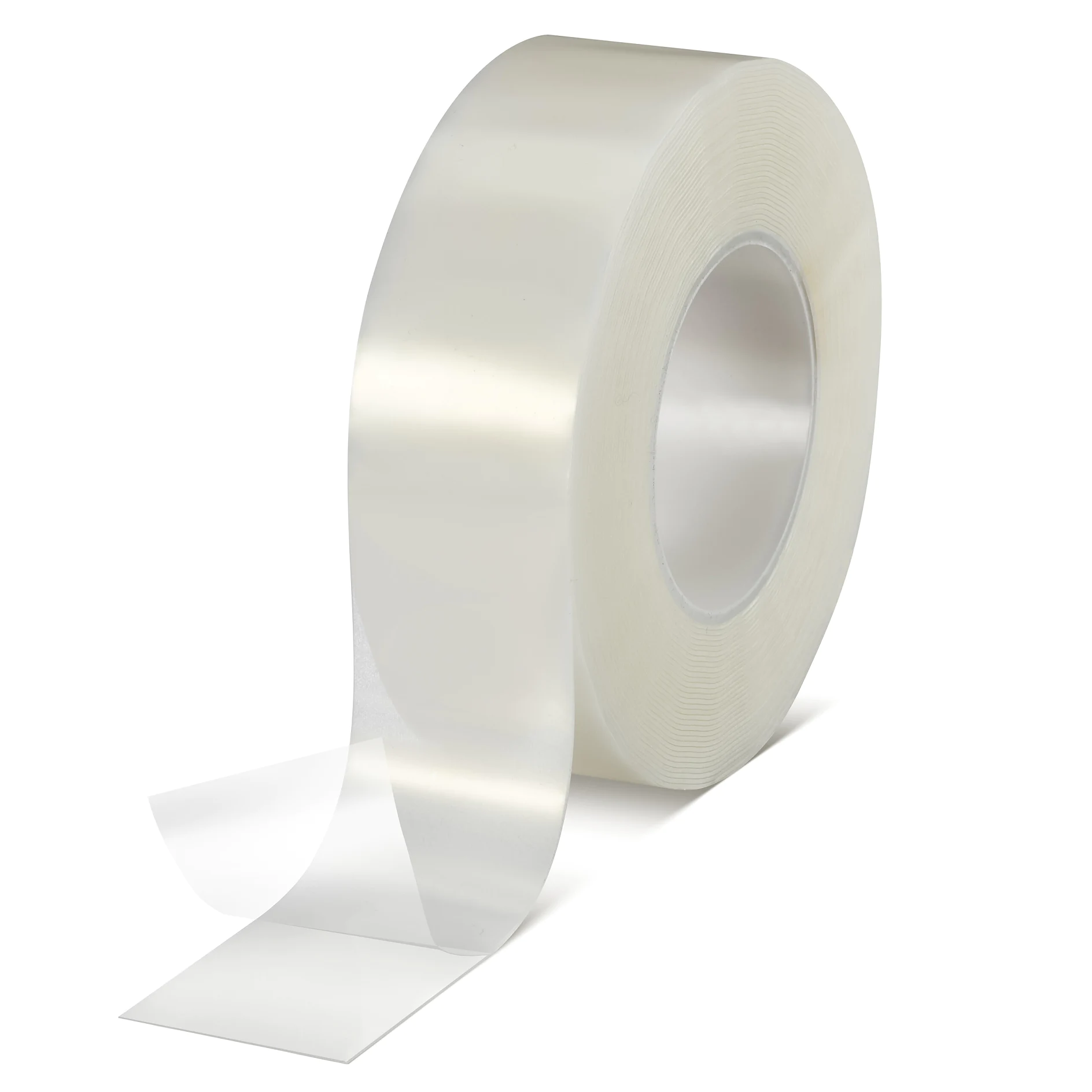 clear tesa adhesive tape roll with a partially unrolled strip on a white background (This text has been generated by AI)