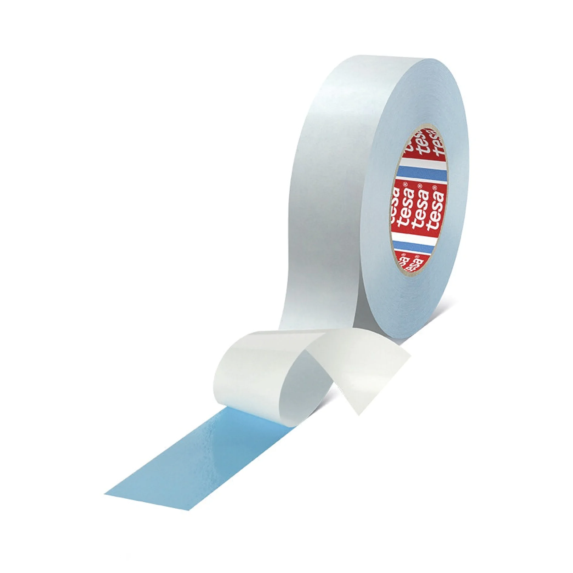 roll of tesa adhesive tape with partially unrolled blue tape strip on white background (This text has been generated by AI)