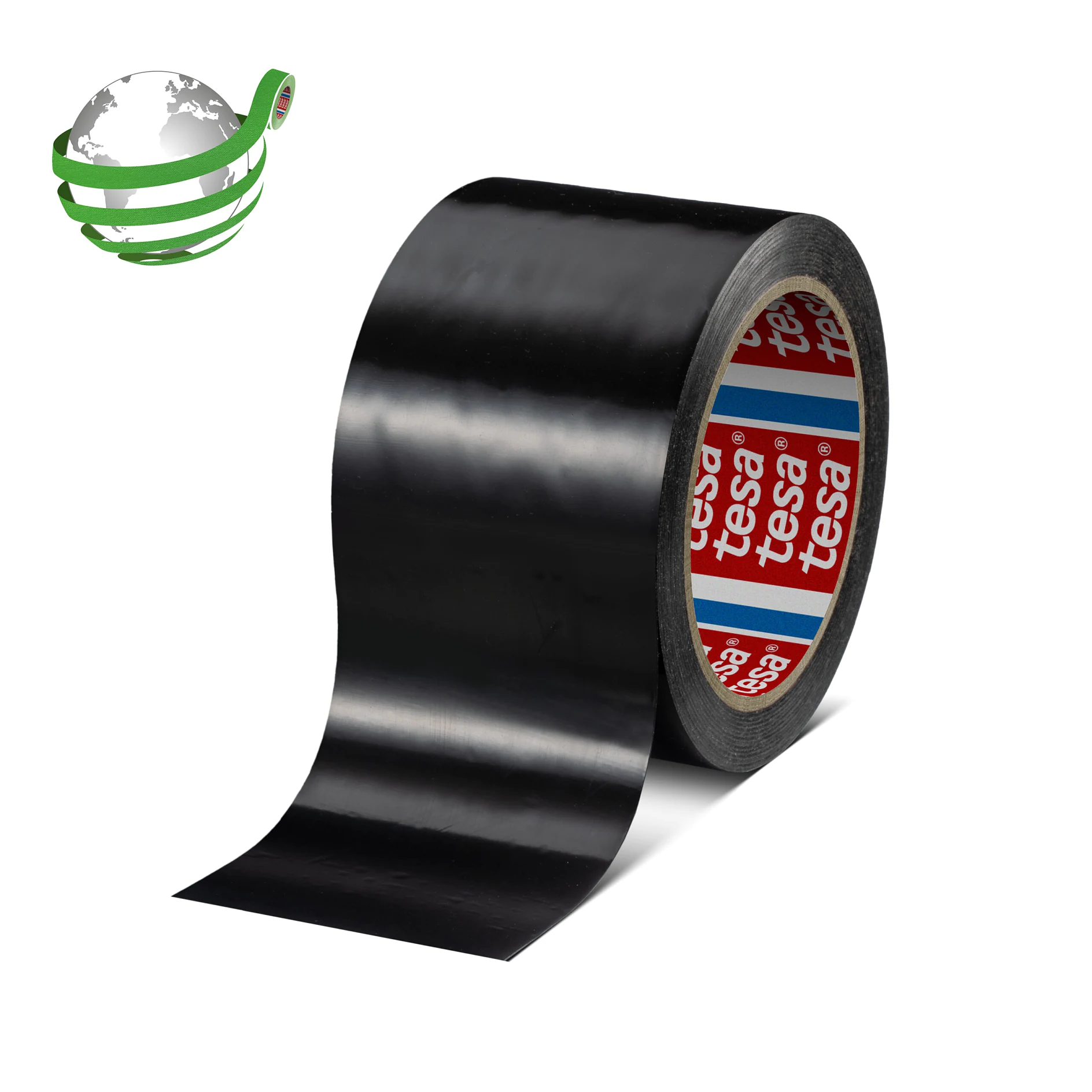 black tesa adhesive tape roll with partially unrolled strip on white background, showing branded inner core and smooth surface (This text has been generated by AI)