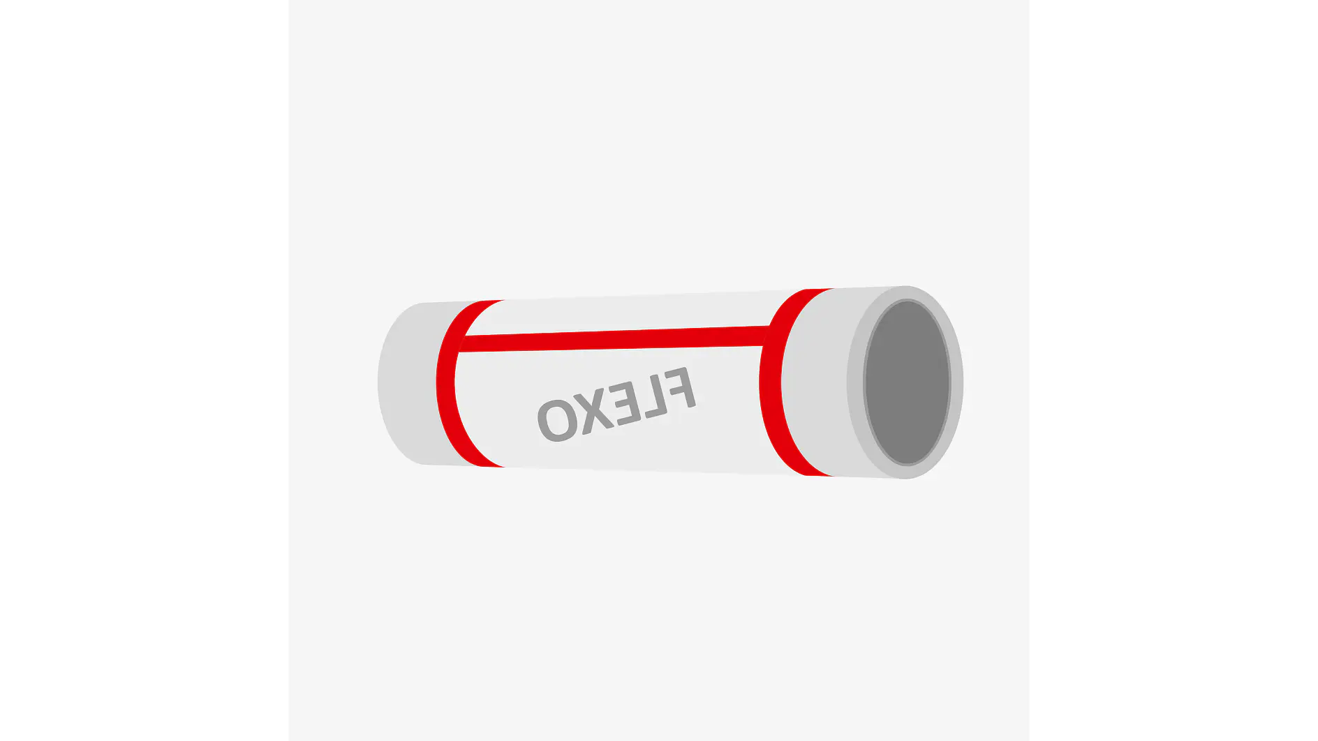 Illustration of a cylindrical object labeled FLEXO on its side. The cylinder is primarily white with two red bands near each end, made using tesa tape. The interior is gray, suggesting a hollow structure. (This text has been generated by AI)