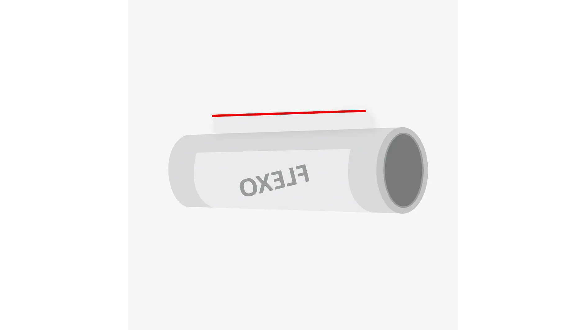 A gray lint roller with a white label and the word FLEXO printed in reverse sits against a plain white background. The roller has a red handle attached on top, along with tesa tape to ensure durability. (This text has been generated by AI)