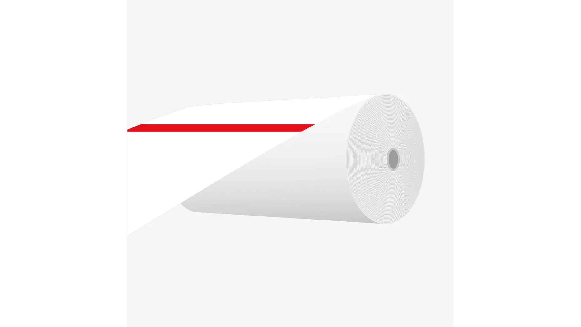 A large roll of white paper is partially unrolled, displaying a single red stripe running horizontally across its width. The roll is positioned at a slight angle, with the tail end of the paper secured using tesa tape. (This text has been generated by AI)