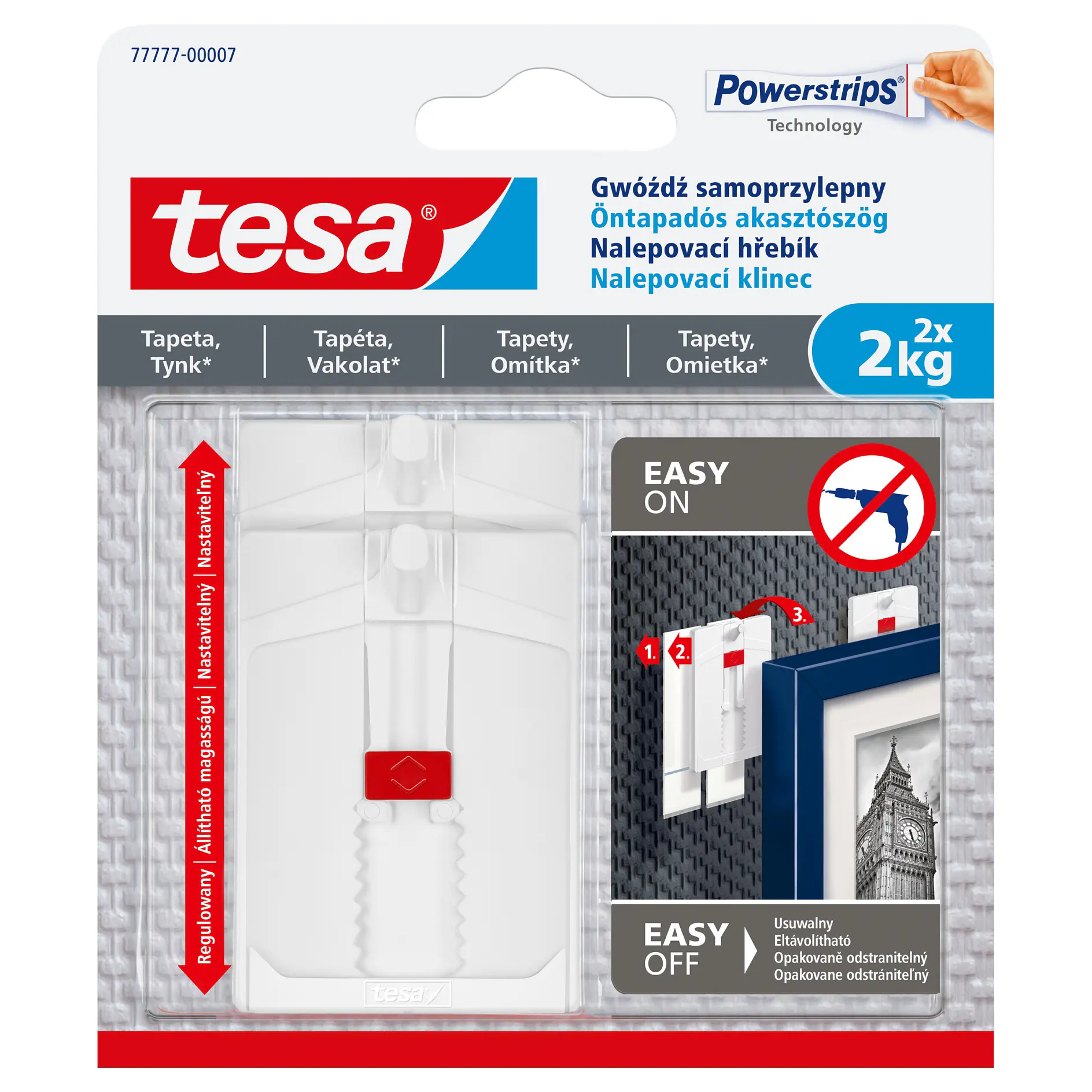 tesa self-adhesive wall hooks with red tabs, packaged for indoor use, holding up to 2 kg, shown with framed picture on wall. (This text has been generated by AI)