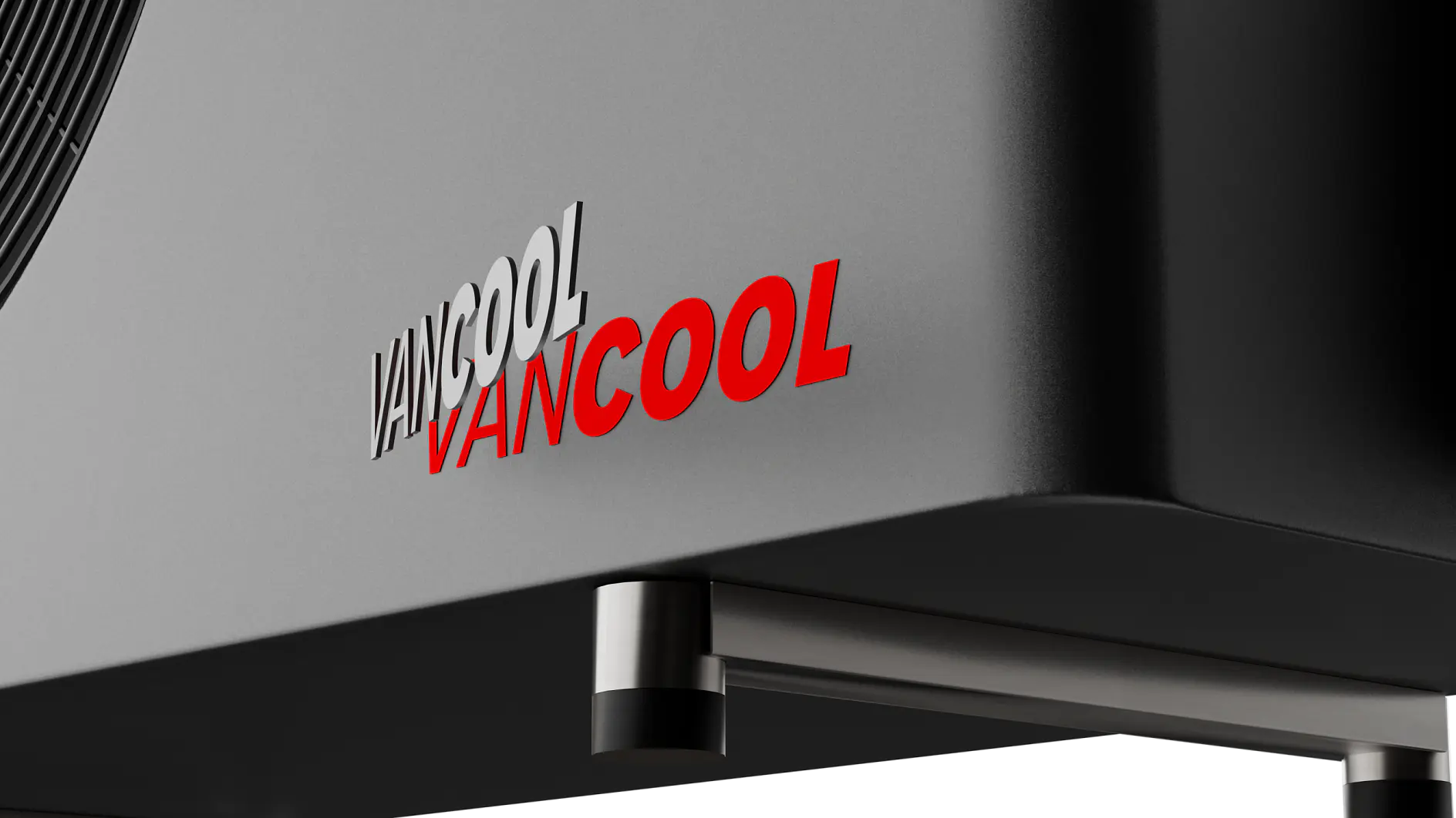 Close-up of a gray appliance with the brand name VANCOOL written in red and gray. The bottom part features two cylindrical metal legs, each securely fastened using tesa tape. (This text has been generated by AI)