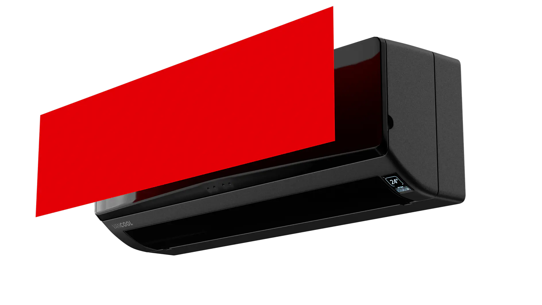 A black wall-mounted air conditioning unit is installed, with a red rectangle obscuring part of the view. The red rectangle covers the top portion of the unit, leaving the bottom half visible. (This text has been generated by AI)