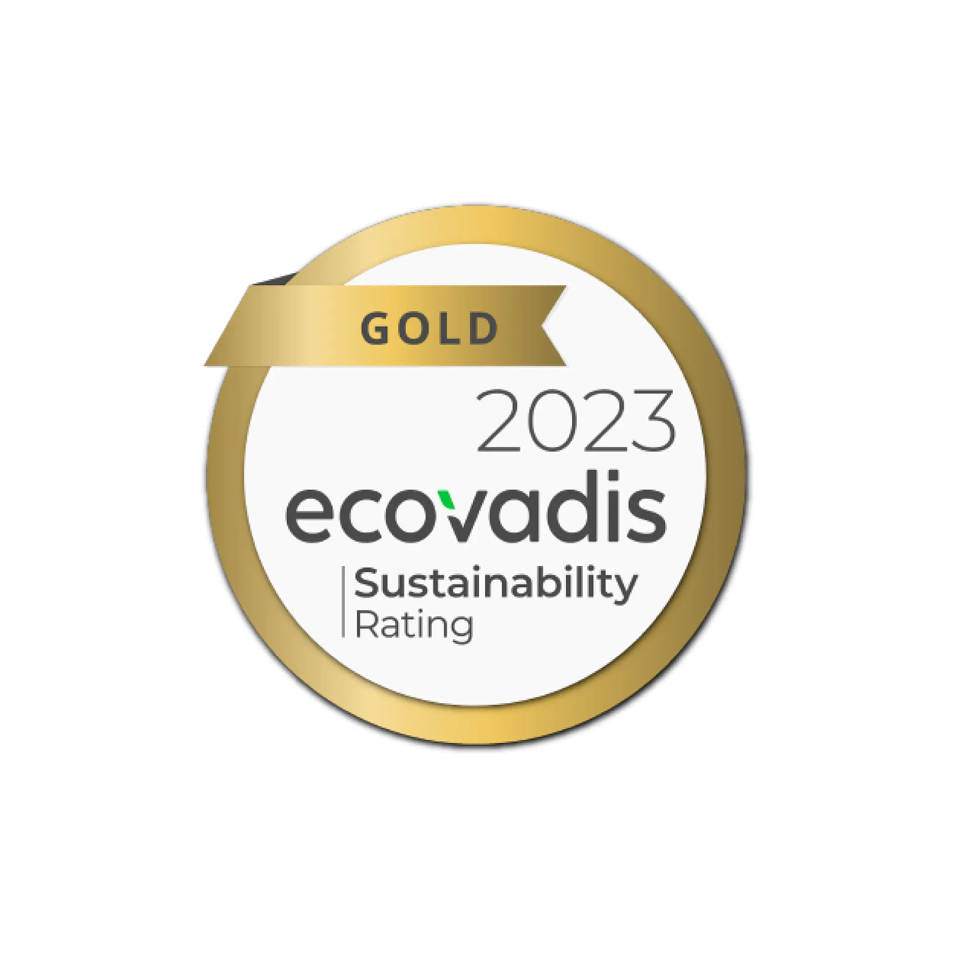 The image shows a gold-bordered circular badge with a gold banner. The text reads Gold 2023 Ecovadis Sustainability Rating. (This text has been generated by AI)
