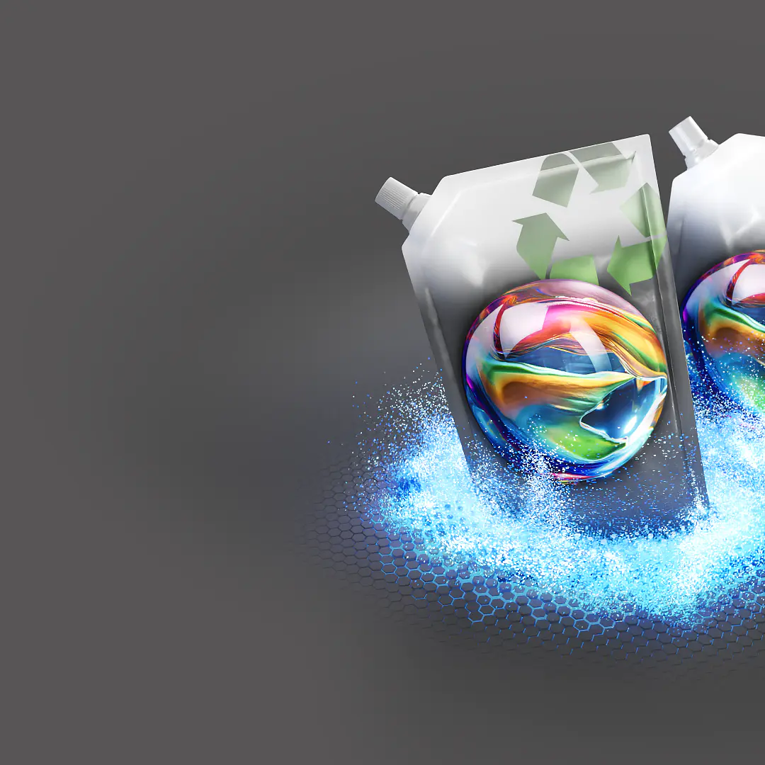 Two white cartons with colorful swirls and recycling symbols on a gray background are surrounded by blue particles. Each carton is securely sealed with tesa tape, ensuring durability and quality. (This text has been generated by AI)