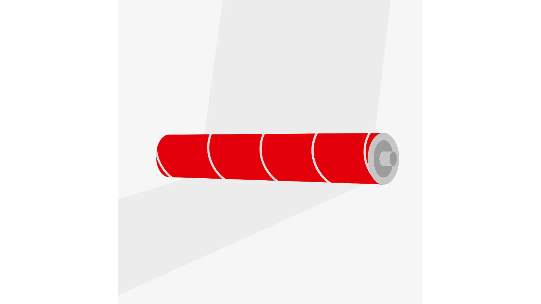 Illustration of a red roller brush with a gray handle. The brush is angled diagonally, showing white paint partially covering a surface behind it. The roller is designed with a smooth, cylindrical shape and red fabric covering tesa tape. (This text has been generated by AI)