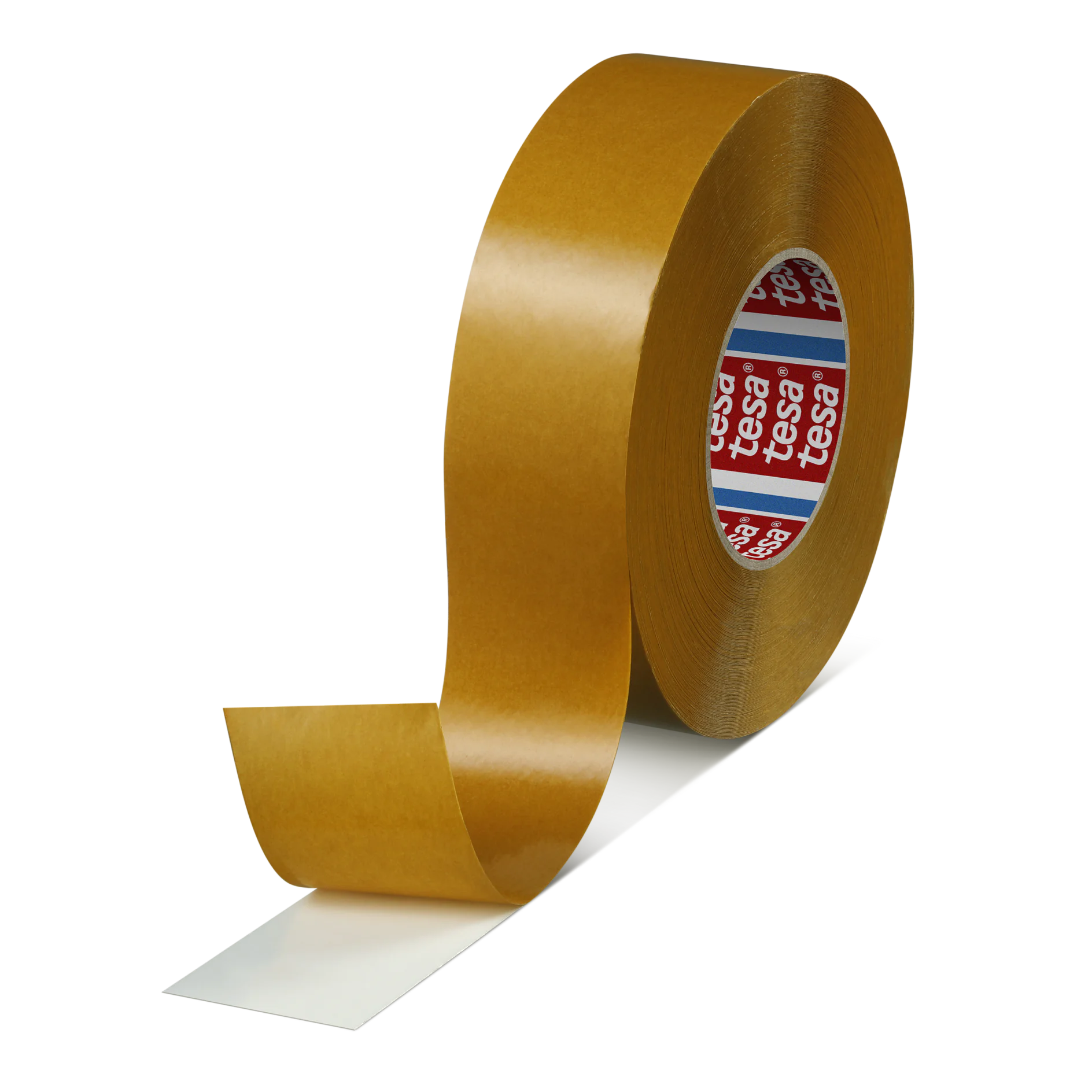 roll of brown tesa adhesive tape with a partially unrolled end on a white background (This text has been generated by AI)