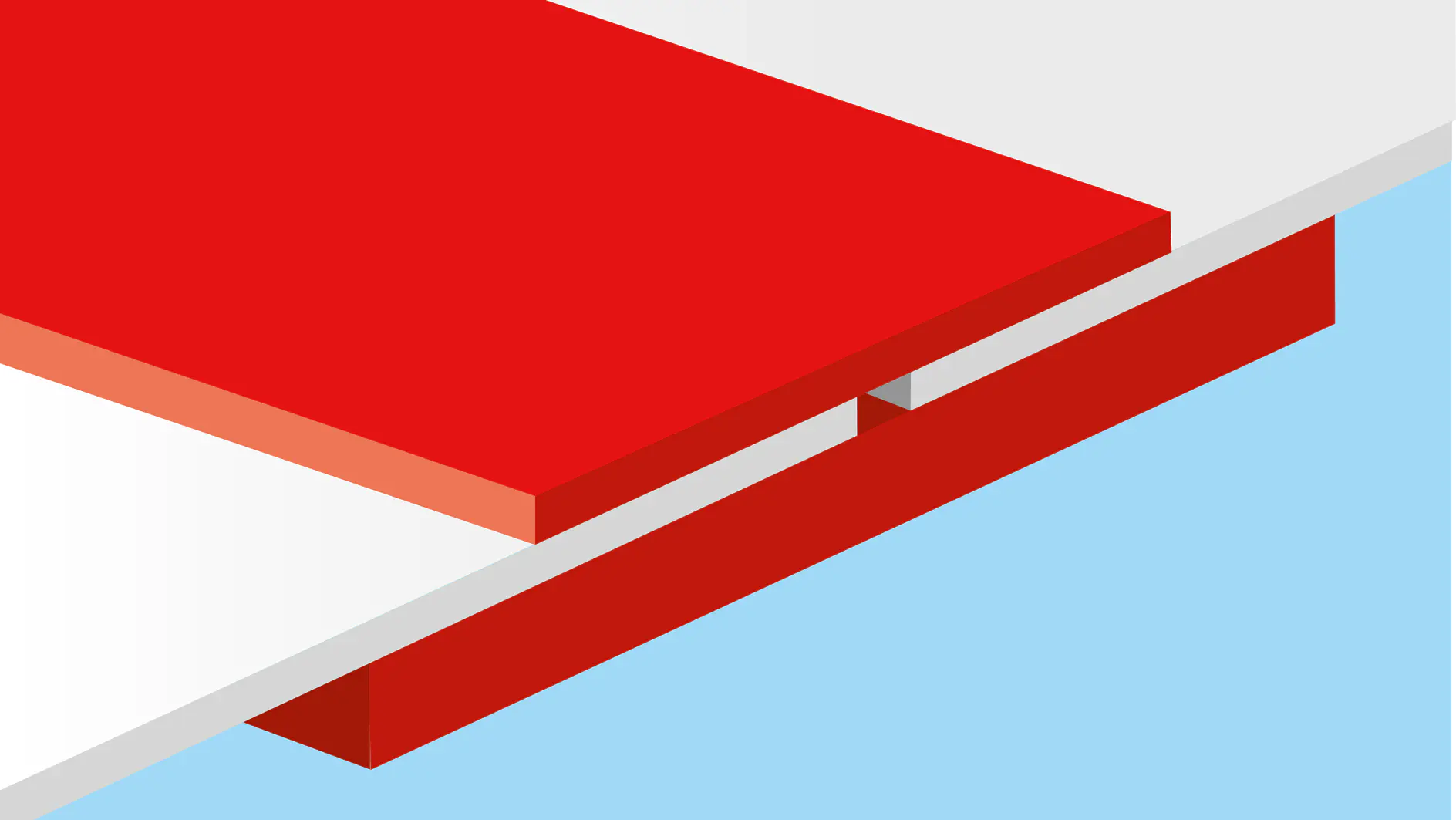 An abstract design featuring a large red parallelogram and a smaller orange parallelogram overlapping at an angle. A thin gray line runs diagonally, and the background is divided into white and light blue sections. The entire composition is secured using tesa tape for a clean finish. (This text has been generated by AI)