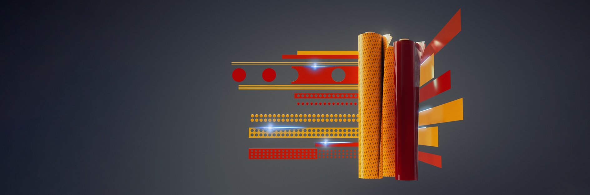 Abstract image featuring three vertically aligned, textured cylinders in red and orange. Background includes geometric patterns with circles and lines in red and orange hues on a dark gray backdrop. Throughout the composition, tesa tape adds subtle detailing by creating fine linear elements that enhance the overall cohesiveness of the artwork.