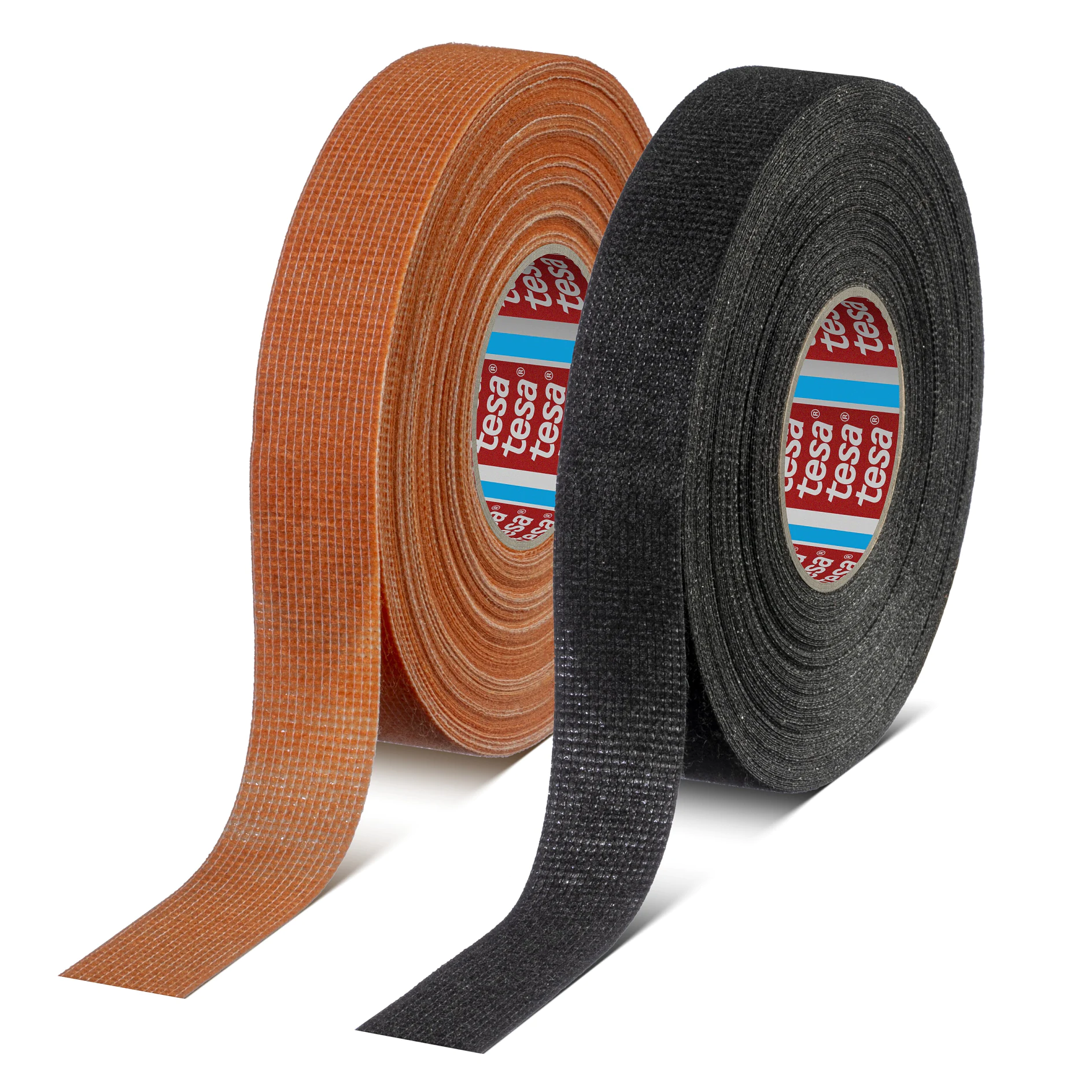 Two rolls of tesa adhesive tape, one orange and one black, standing upright on a white background. (This text has been generated by AI)